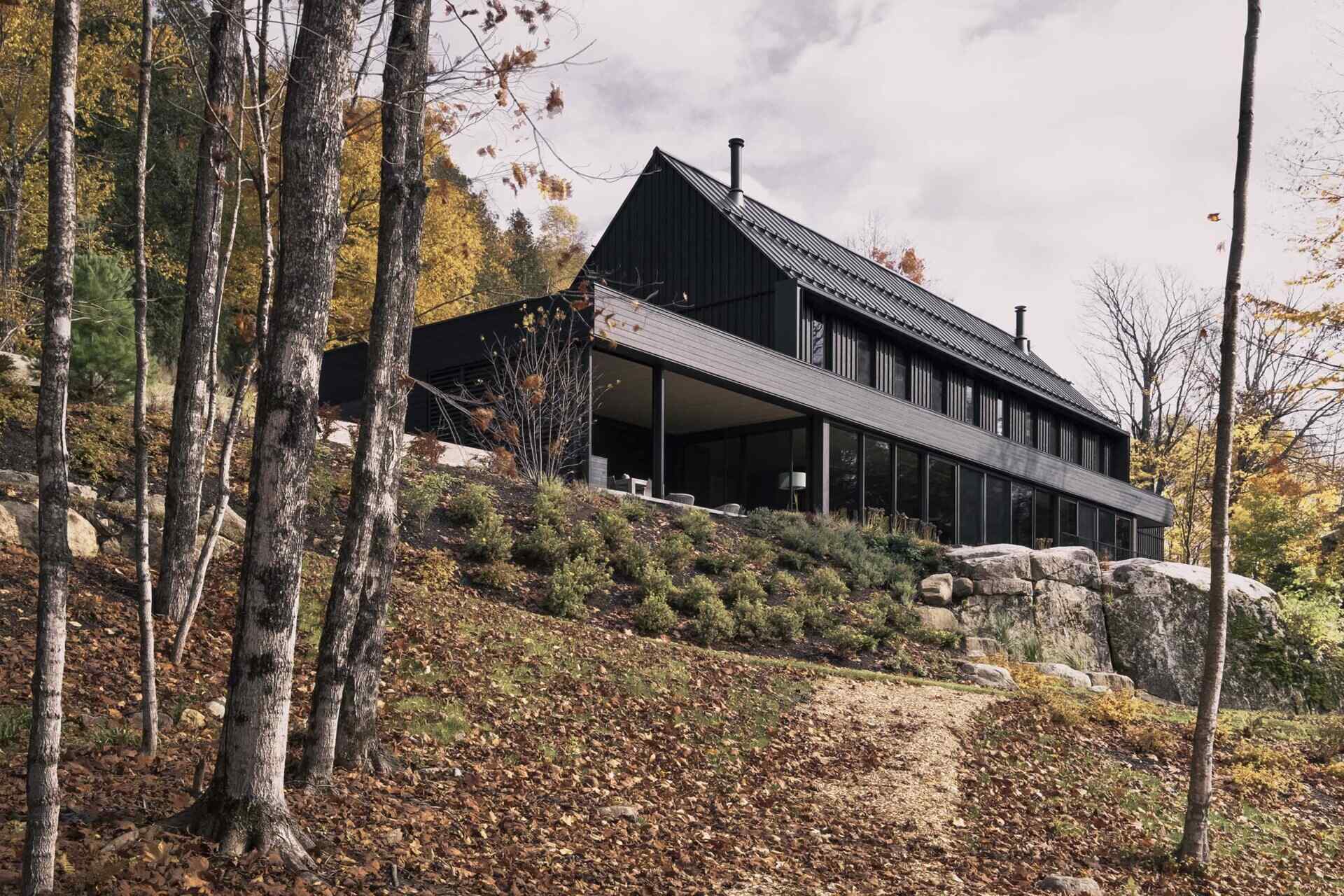 This modern lakeside home uses an all-black exterior with horizontal and vertical siding to create a bold yet balanced look in nature.