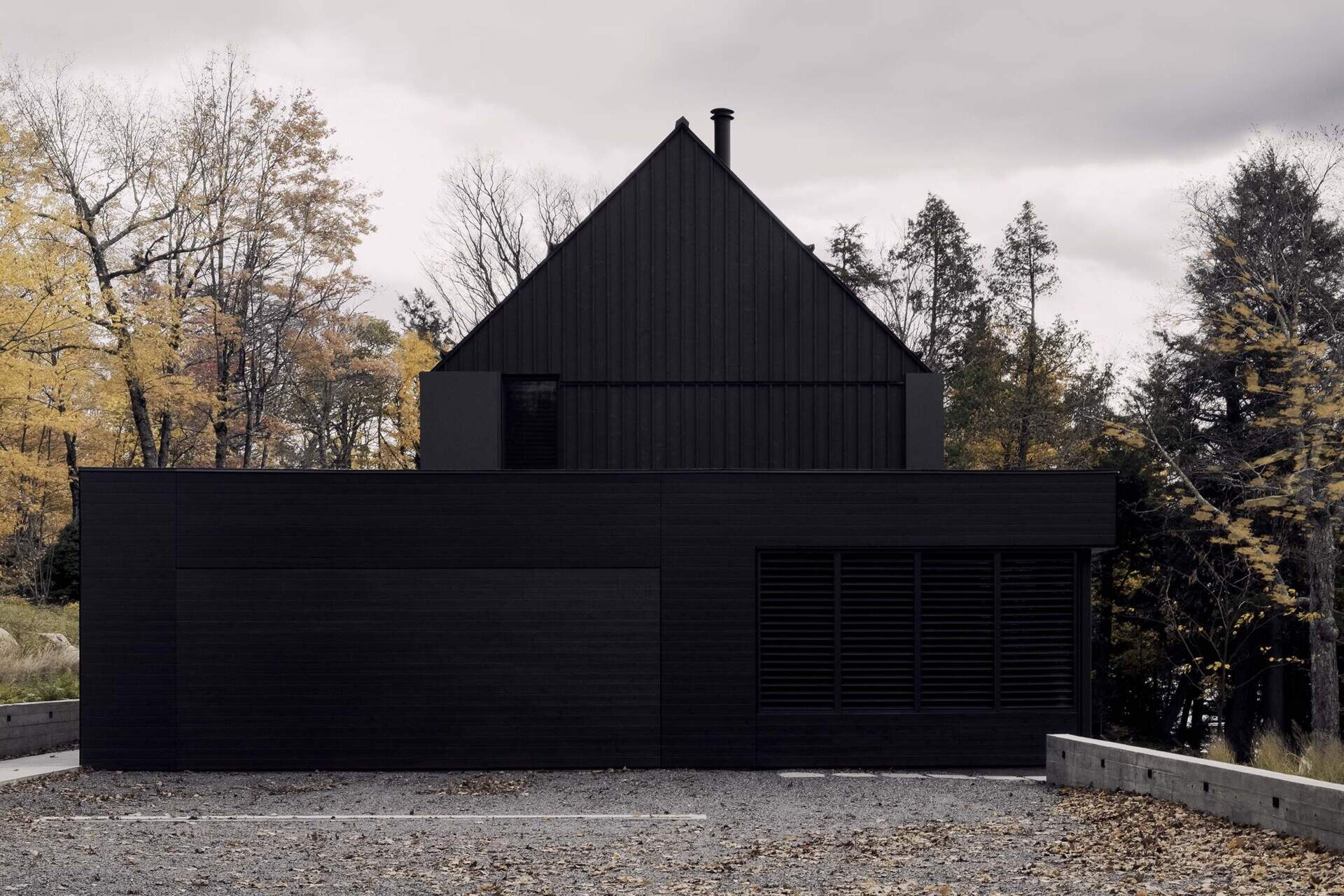 This modern lakeside home uses an all-black exterior with horizontal and vertical siding to create a bold yet balanced look in nature.