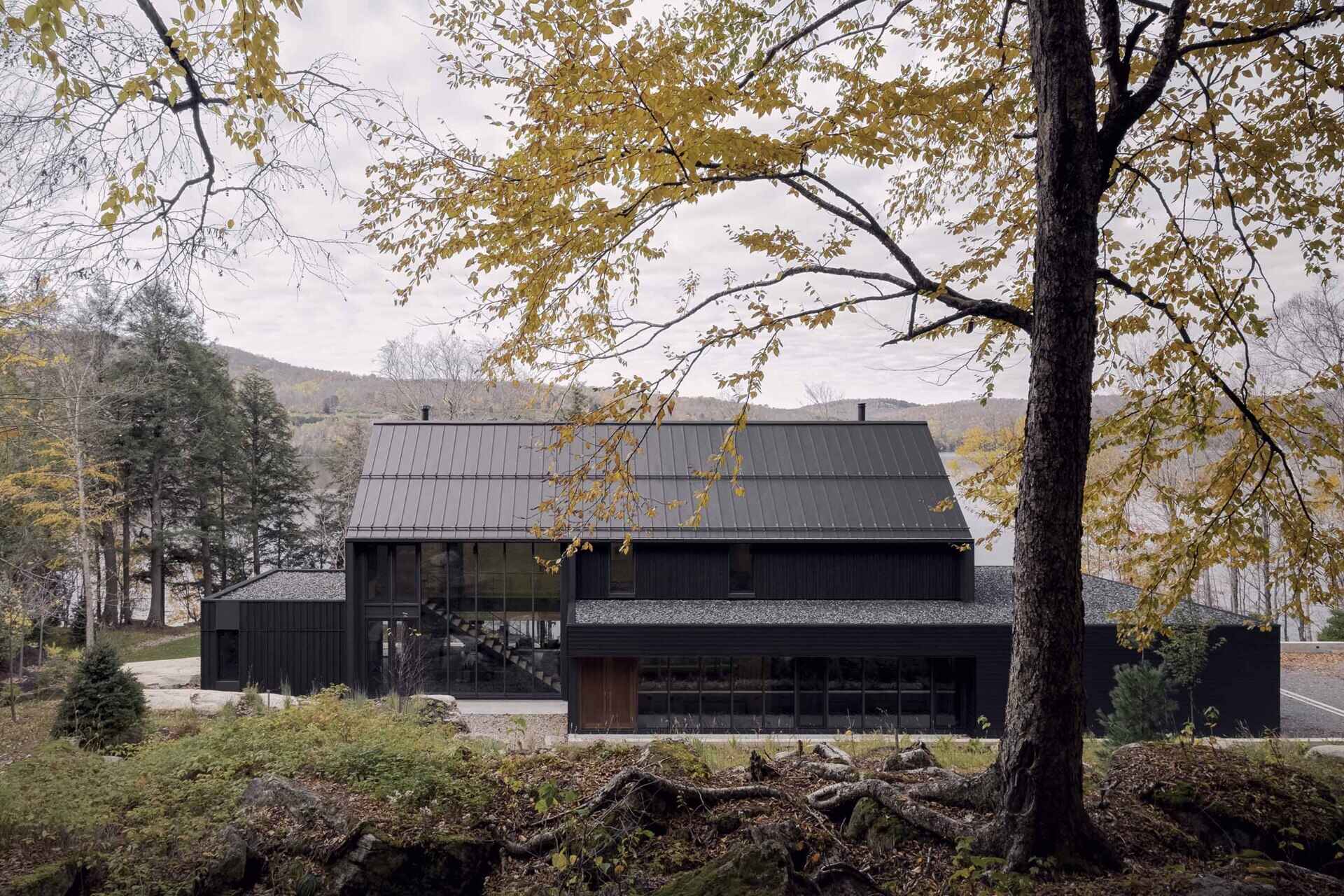 This modern lakeside home uses an all-black exterior with horizontal and vertical siding to create a bold yet balanced look in nature.