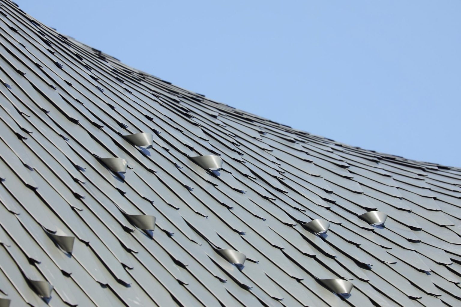 Diamond-shaped zinc shingles and sculptural snow guards add texture and detail to this striking curved roof.