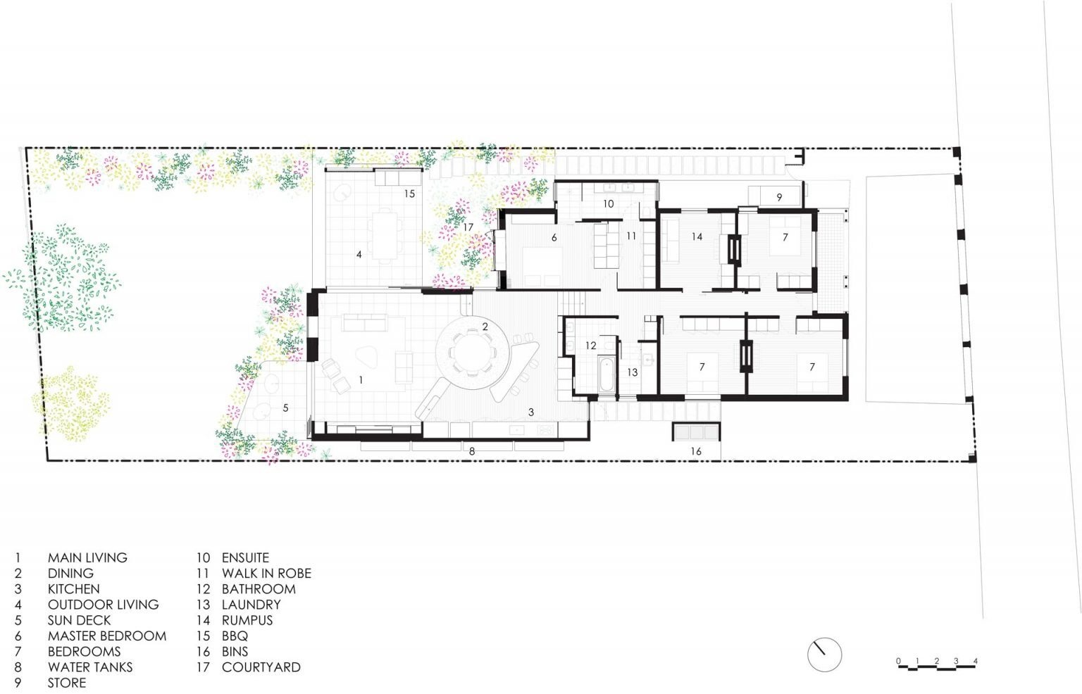 El plano muestra la conexión entre la casa original y la moderna ampliación de temática circular.
