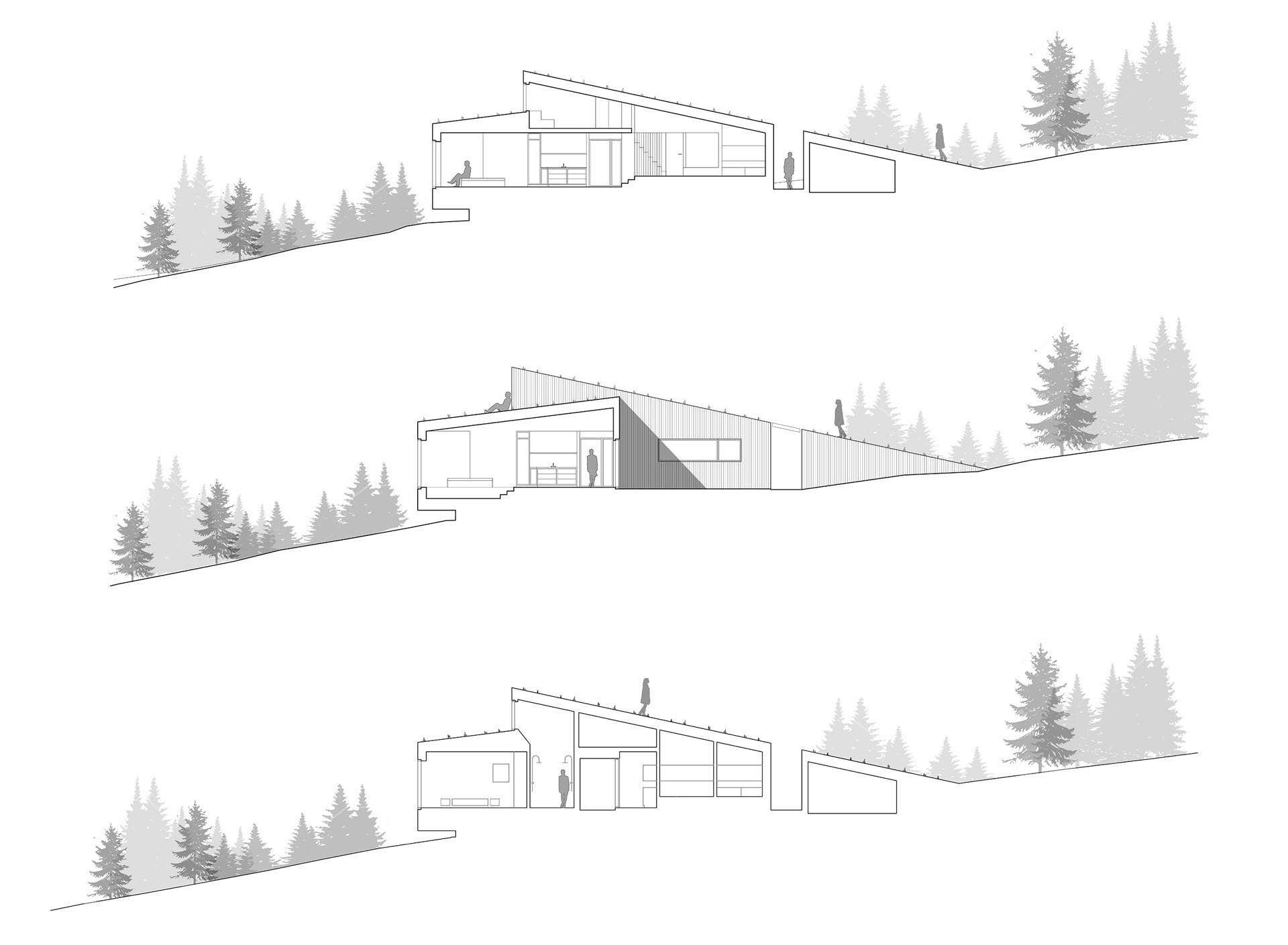 Sections and floor plans reveal how this layered home works with the natural slope of the land.