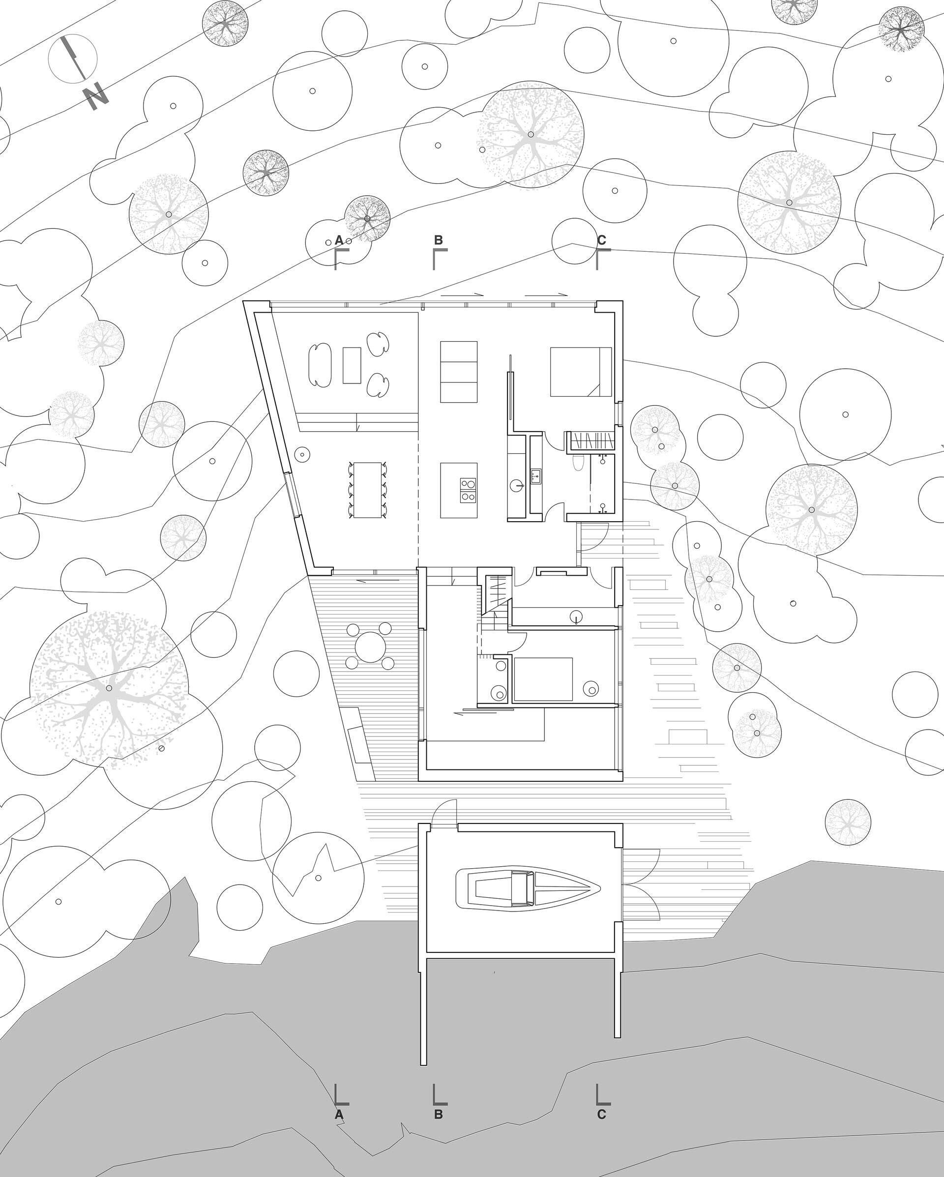 Sections and floor plans reveal how this layered home works with the natural slope of the land.
