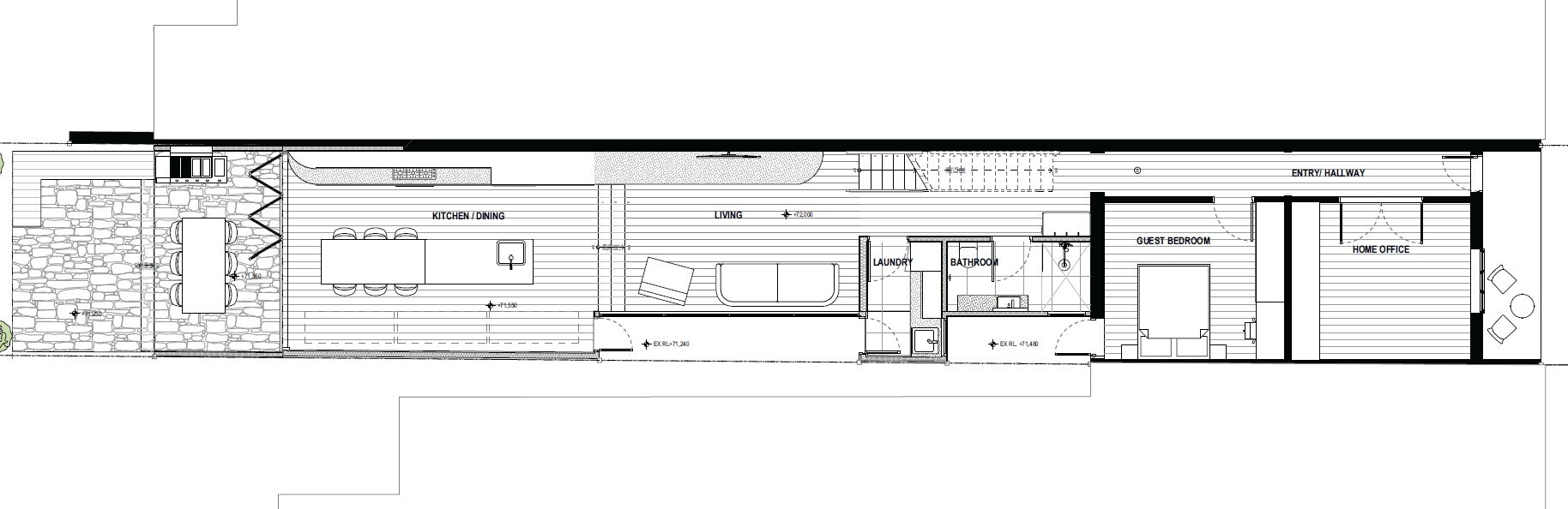 The floor plans show the shift from the original layout at the front to a more open design at the rear. The ground floor connects kitchen, dining, and living to the patio, while the upper level is arranged with bedrooms and bathrooms for privacy.