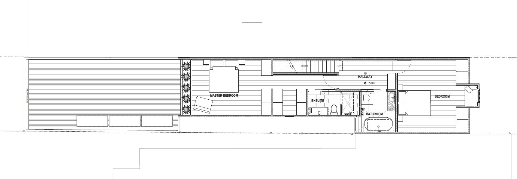The floor plans show the shift from the original layout at the front to a more open design at the rear. The ground floor connects kitchen, dining, and living to the patio, while the upper level is arranged with bedrooms and bathrooms for privacy.