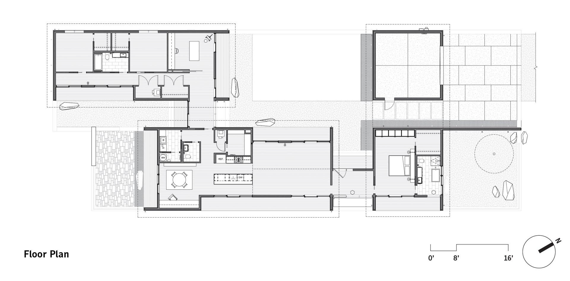 The floor plan reveals how three pavilions come together to create a home that adapts over time.