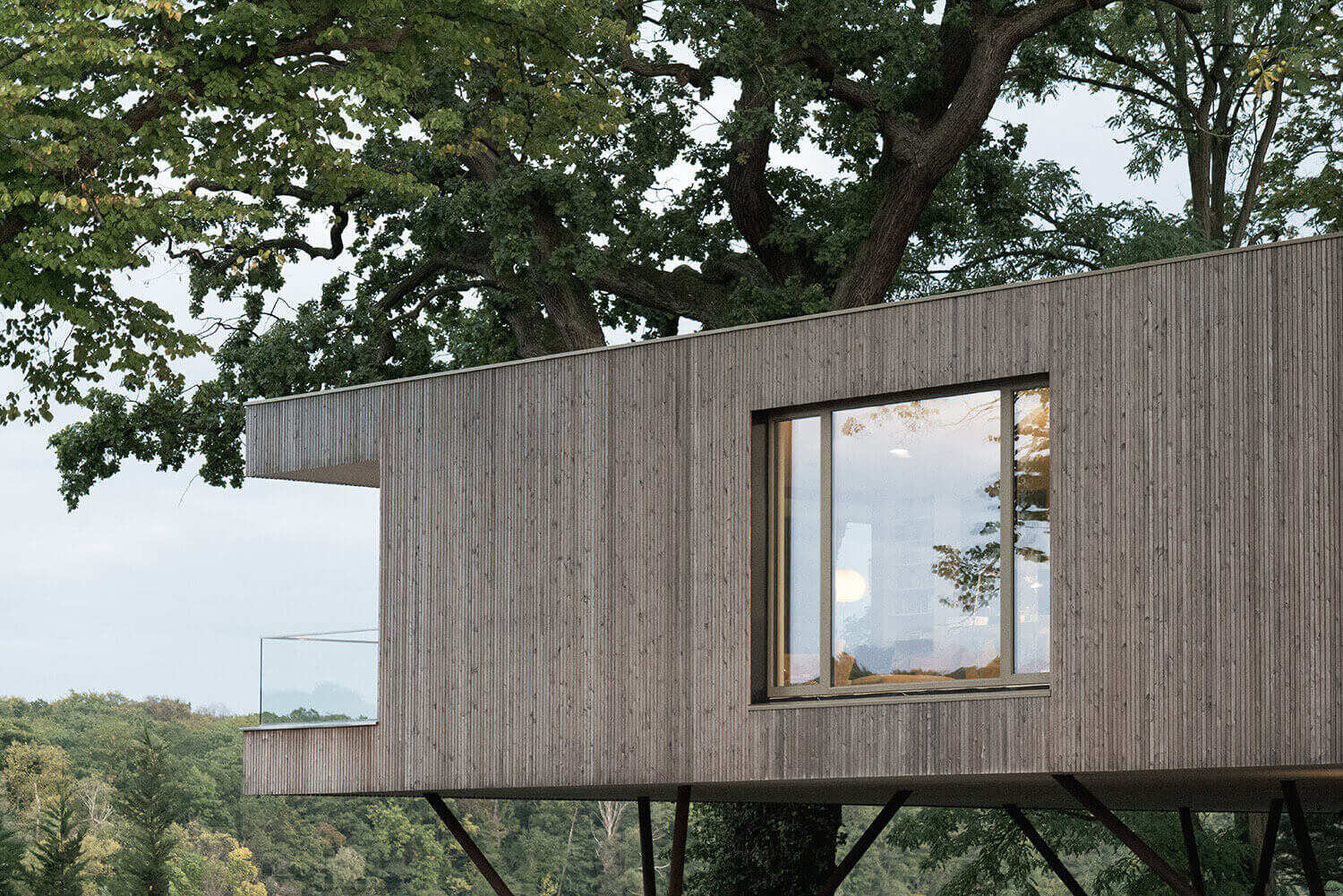 Vertical larch cladding gives this elevated home a natural look that blends seamlessly with the surrounding trees and river landscape.
