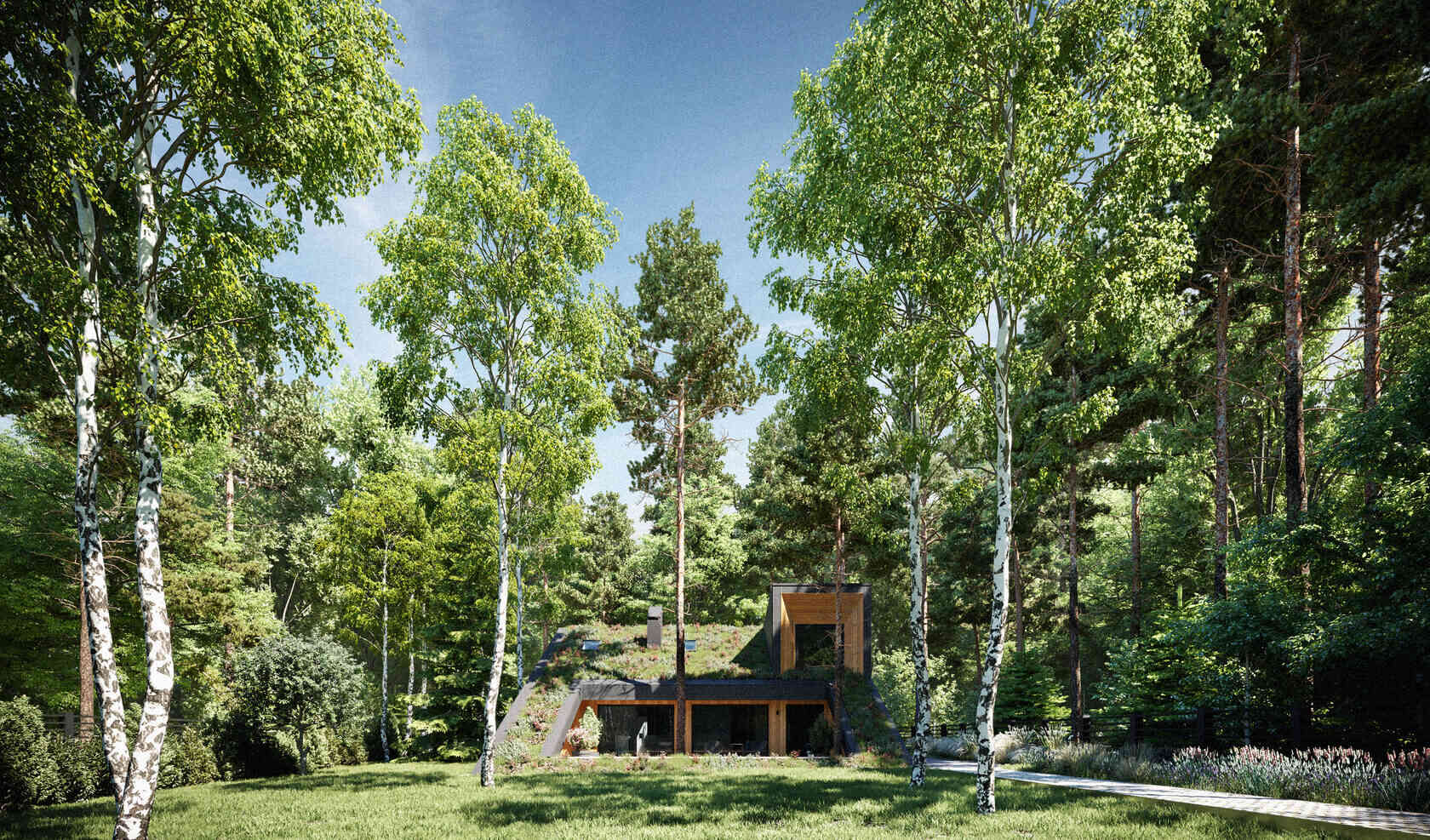 This sloping green roof transforms the home into part of the terrain, covered in a living carpet of stonecrop and chamomile-style plants that shift with the seasons.