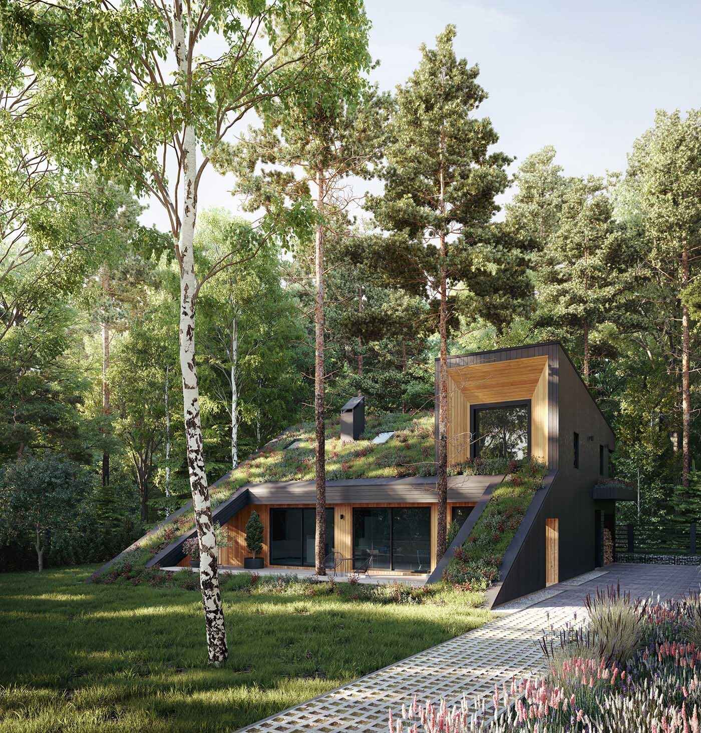 This sloping green roof transforms the home into part of the terrain, covered in a living carpet of stonecrop and chamomile-style plants that shift with the seasons.