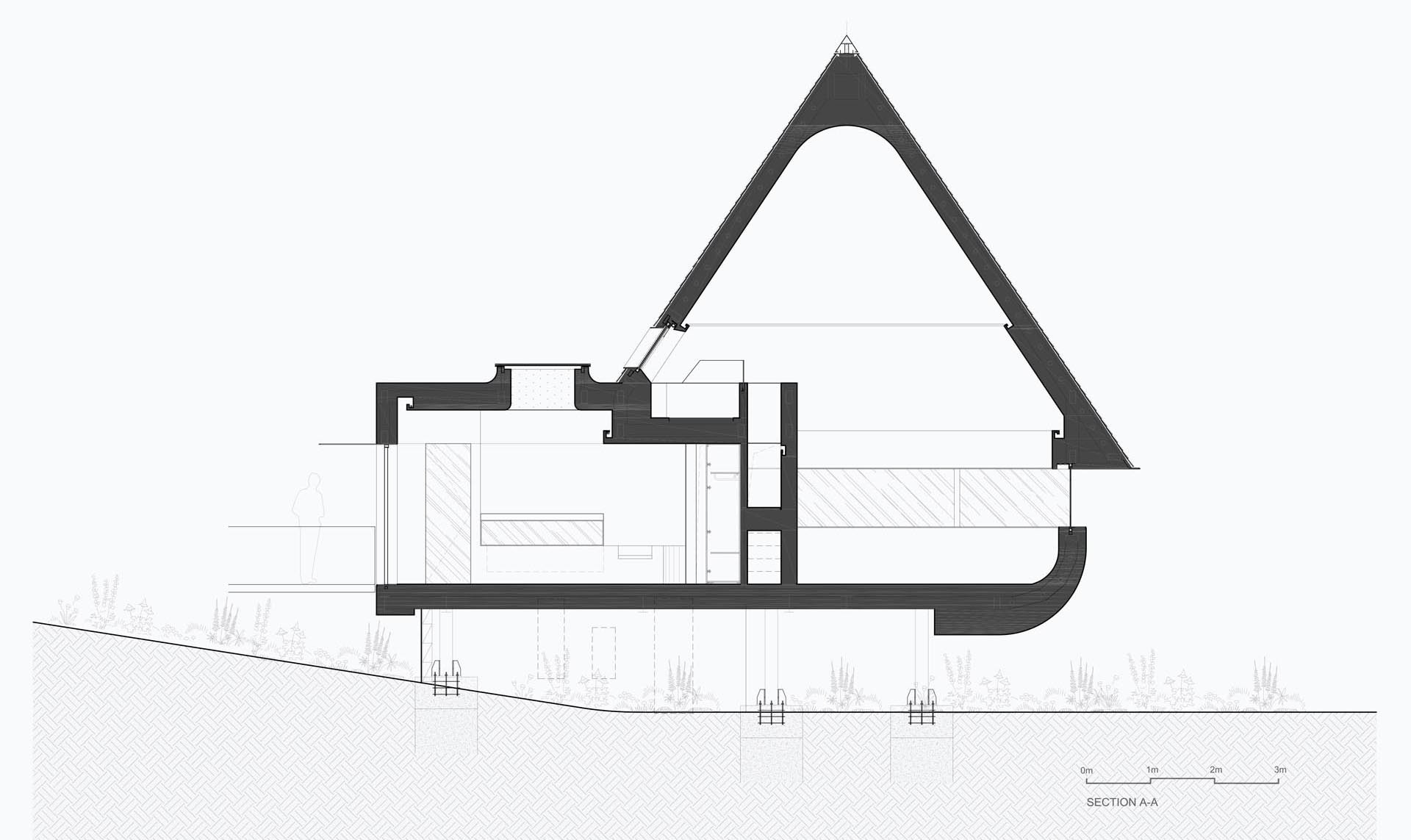 Floor plans show a simple two-volume layout that keeps the cabin functional while maintaining its sculptural form.