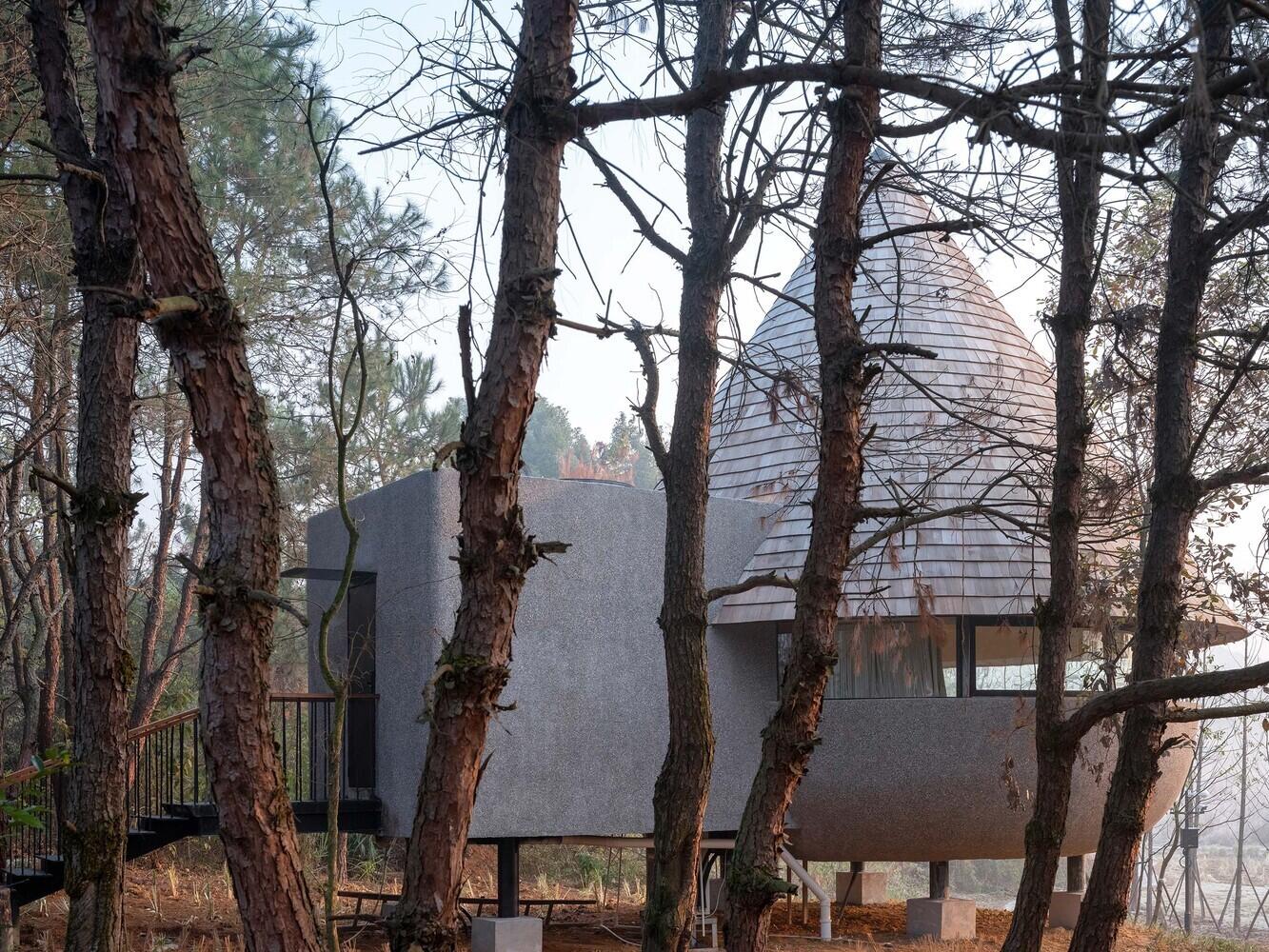 Wood shingles and granolithic concrete slowly change over time, helping this forest cabin blend more naturally into its environment.