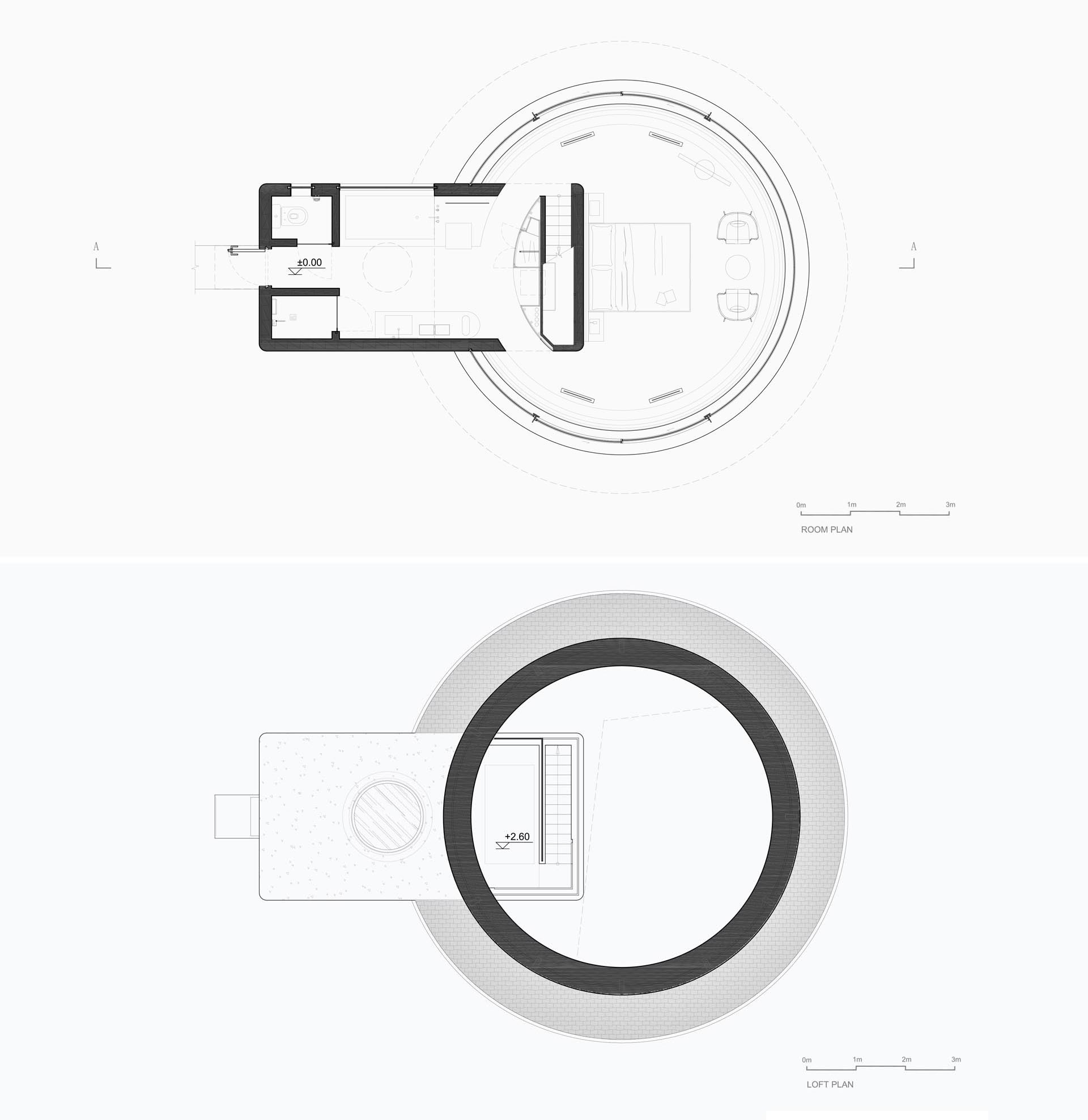 Floor plans show a simple two-volume layout that keeps the cabin functional while maintaining its sculptural form.