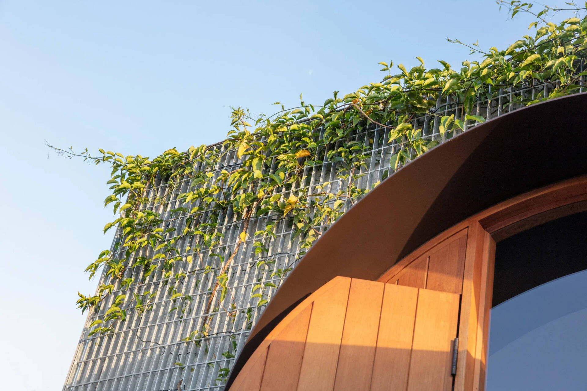 El pintoresco jardín, cubierto de enredaderas, está diseñado para enmarcar las ventanas redondas y brillar suavemente por la noche.