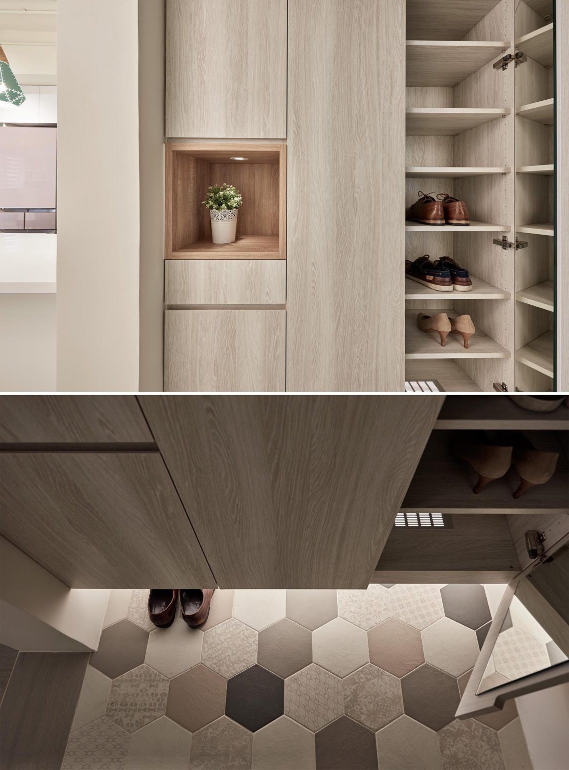 A minimalist entryway with floating storage, hidden LED lighting, and a small illuminated shelf for everyday essentials.