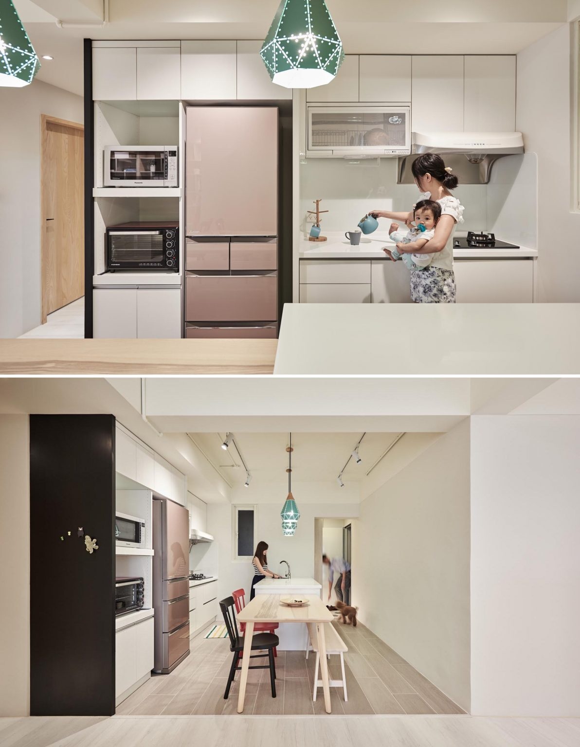 A bright white kitchen with handle-free cabinets, geometric pendant lighting, and a peninsula that flows into a dining table.