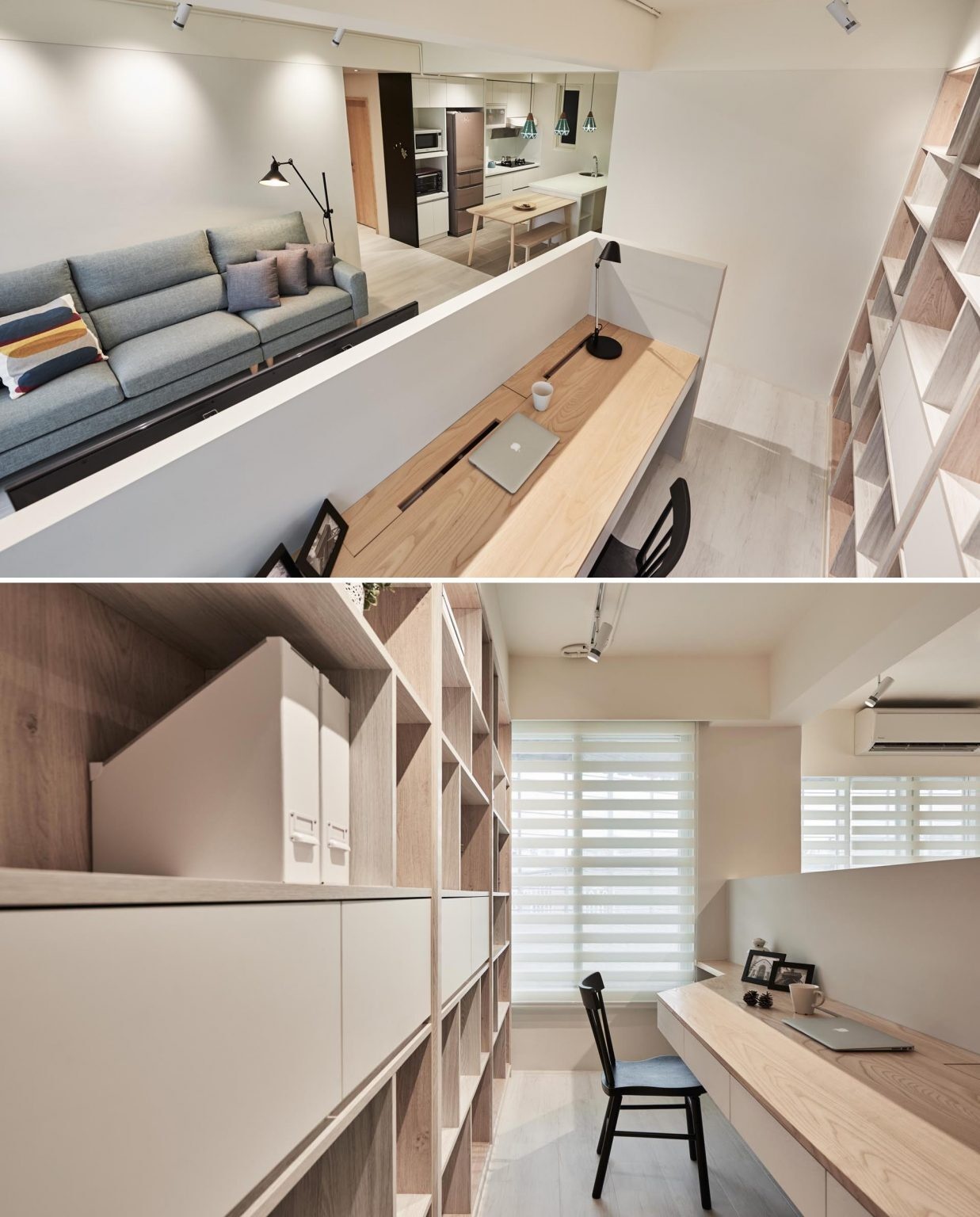 A hidden home office tucked behind a low partition wall, with a built-in desk, smart cable management, and an open connection to the living room.