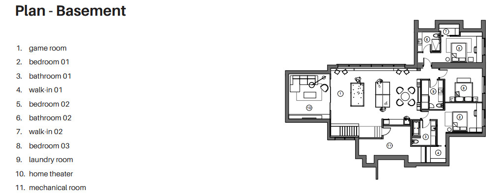 These floor plans reveal how open living spaces, private upper rooms, and bright lower-level areas work together in a modern three-story home.