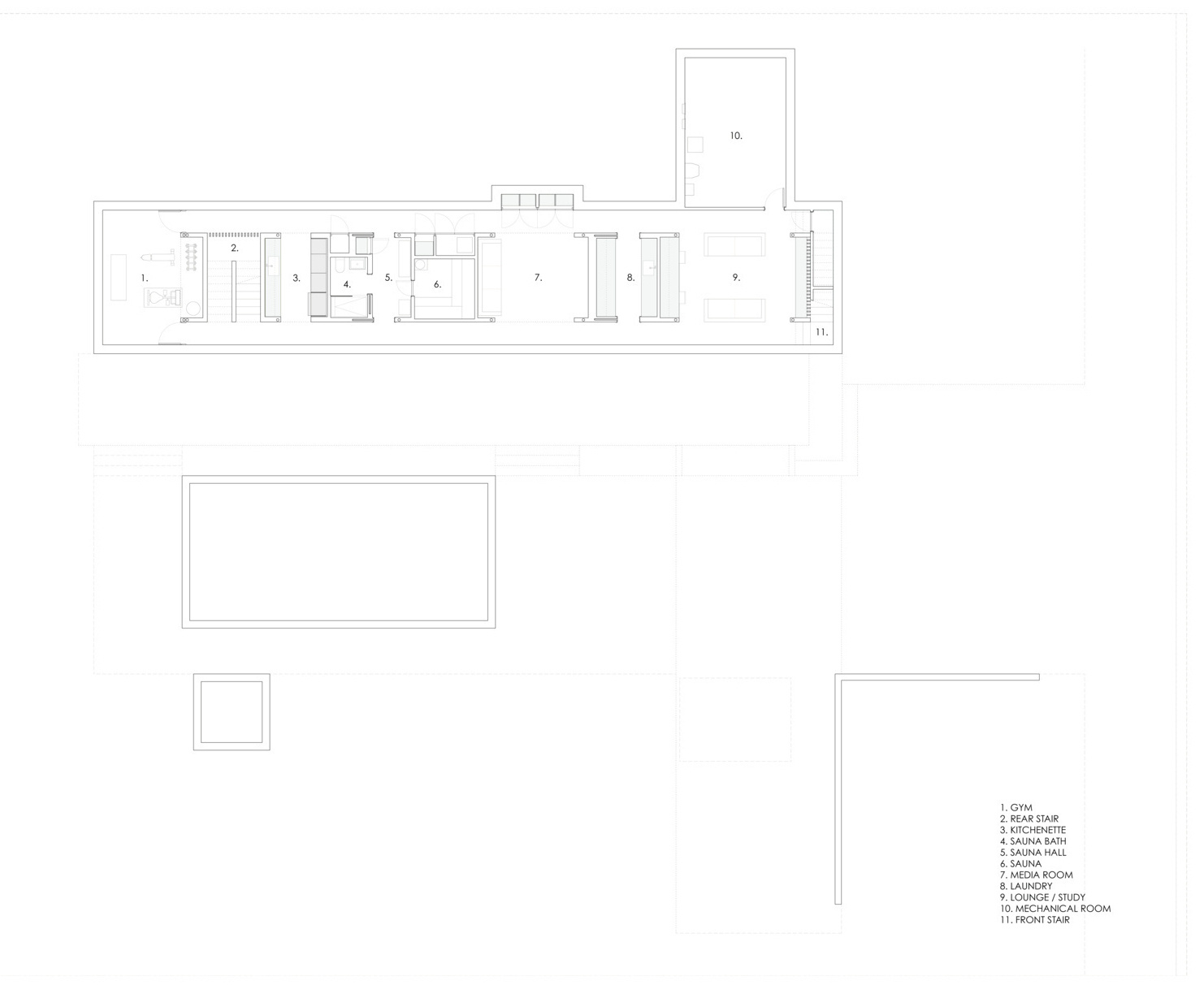 The layout separates private and social spaces while maximizing woodland views, daylight, and natural airflow.