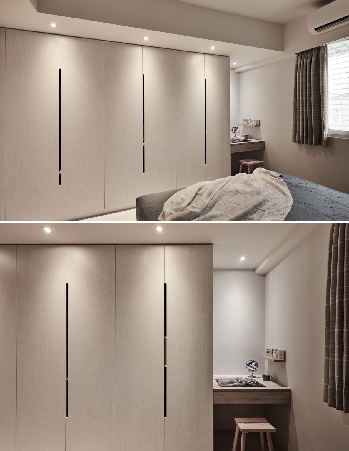 A minimalist bedroom with full-wall cabinetry and a built-in vanity that blends storage and function.