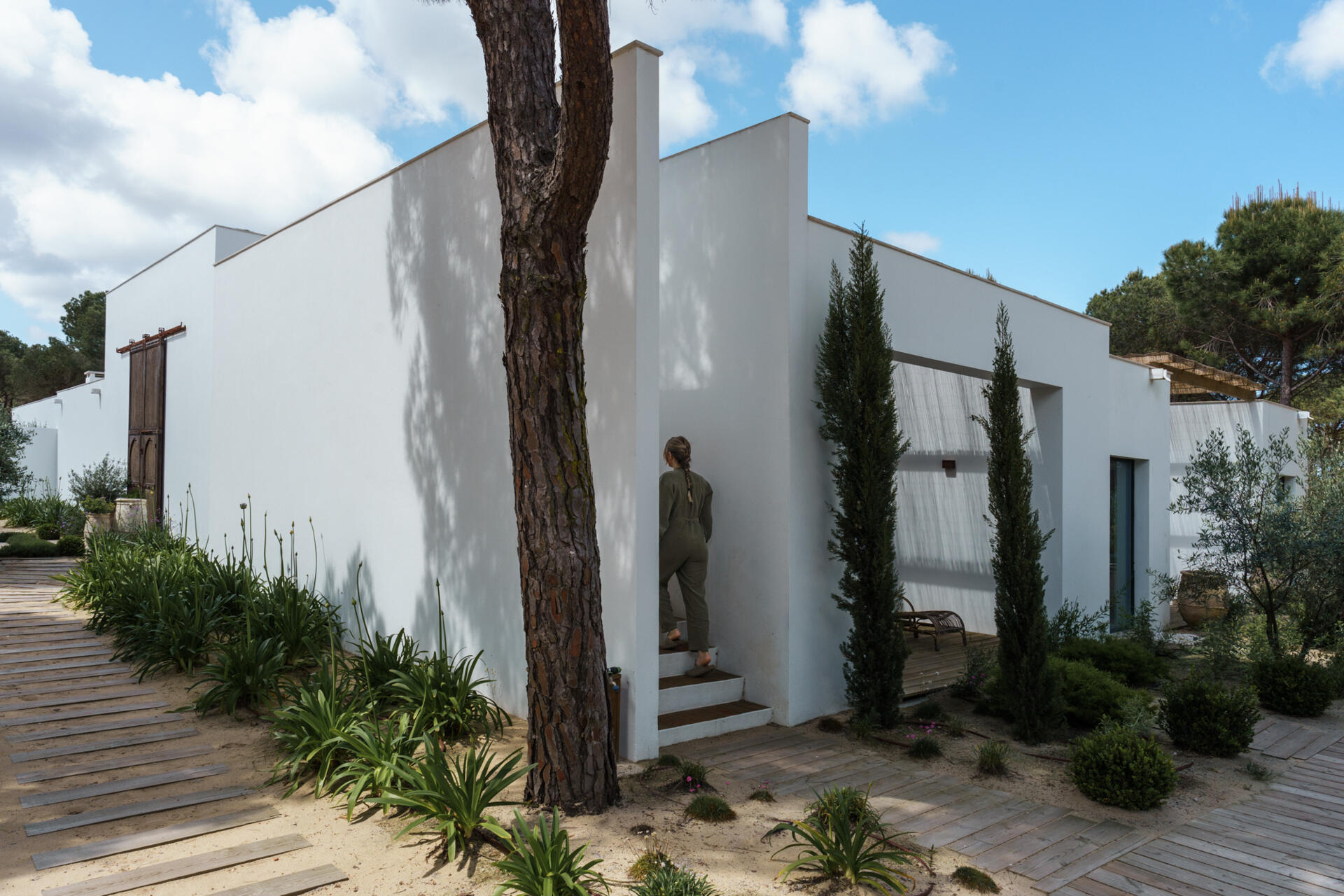 Stairs rise towards a rooftop terrace positioned above the flat roofline of the villa. This elevated outdoor space offers a completely different perspective of the surrounding pine forest.