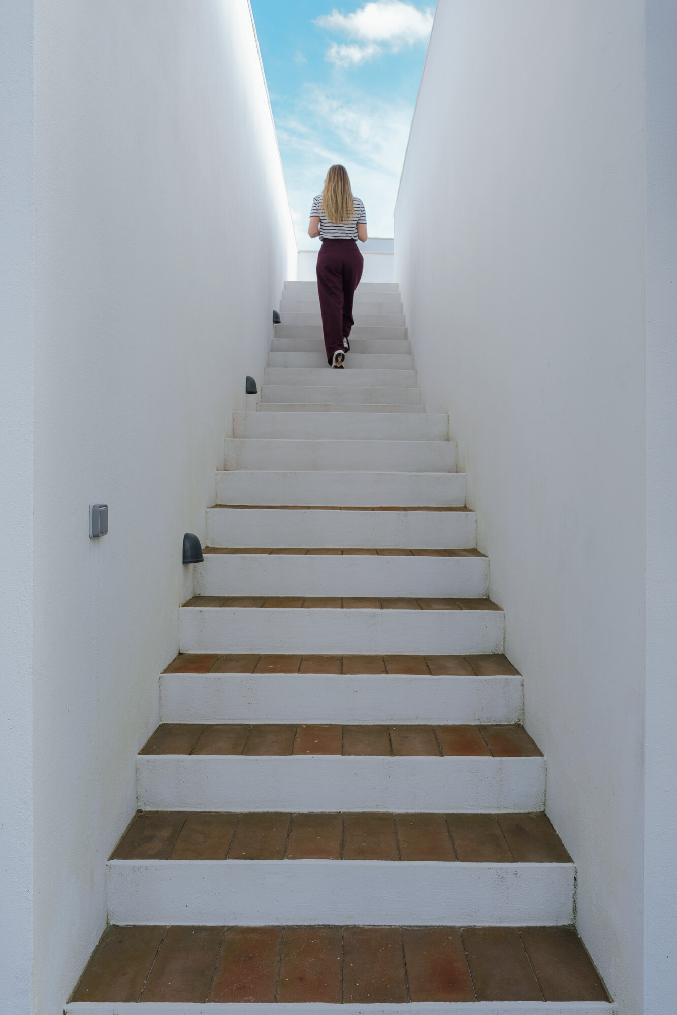 Stairs rise towards a rooftop terrace positioned above the flat roofline of the villa. This elevated outdoor space offers a completely different perspective of the surrounding pine forest.