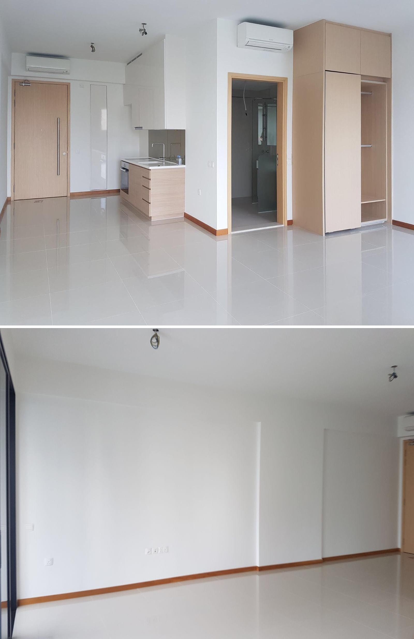 See the before photos of this tiny Singapore studio apartment and how its plain interior became a warm, space-saving home filled with custom design ideas.