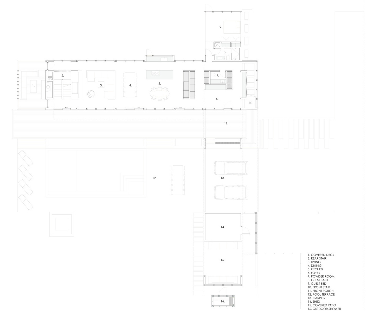 The layout separates private and social spaces while maximizing woodland views, daylight, and natural airflow.