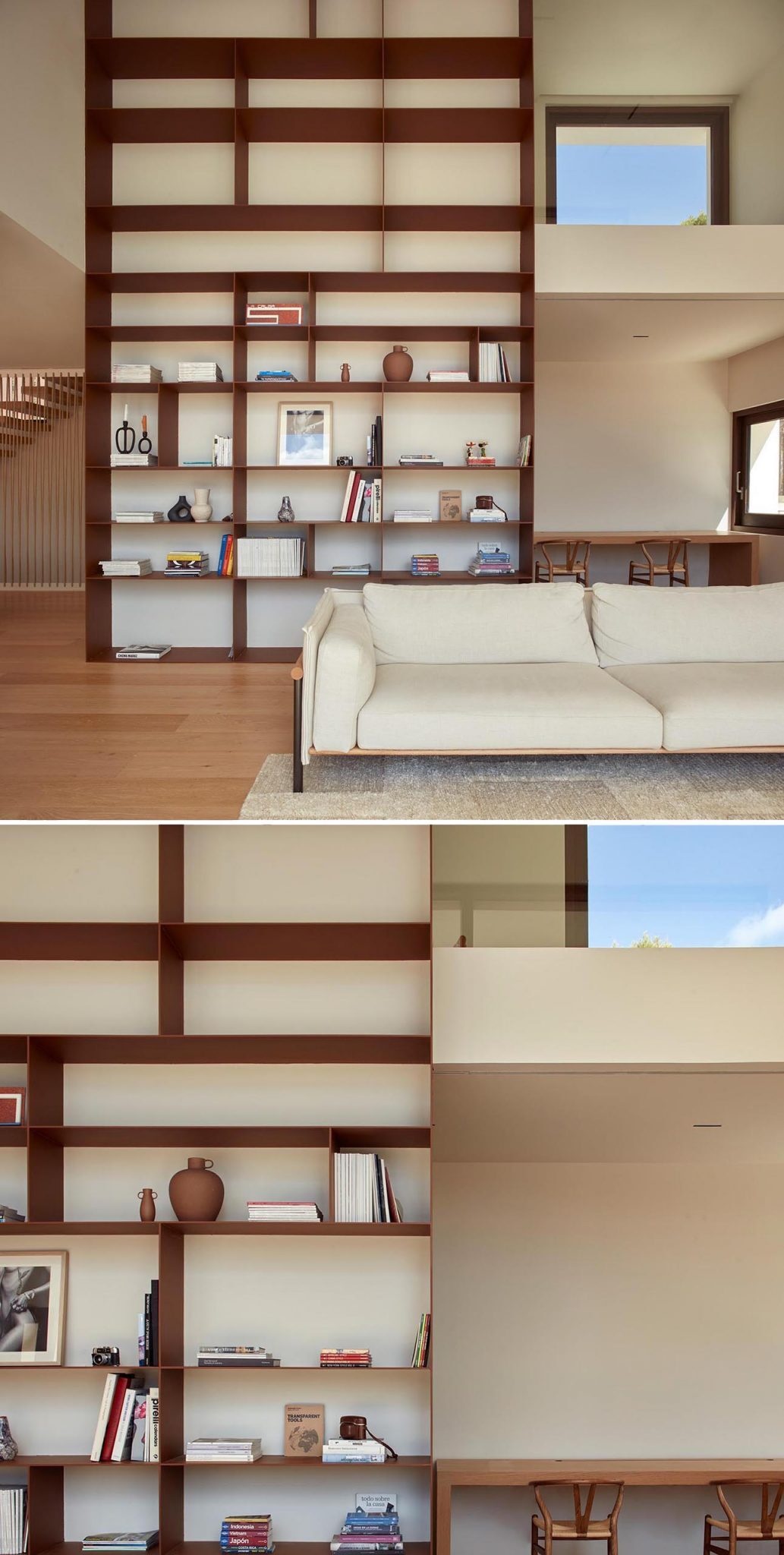 Warm wood interiors, a double-height living room, and huge forest-facing windows define this modern home near Barcelona.