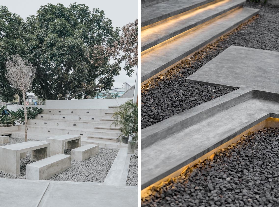 Custom concrete seating and hidden lighting transform the outdoor space at Bermuda Coffee and Eatery into a warm gathering spot after sunset.