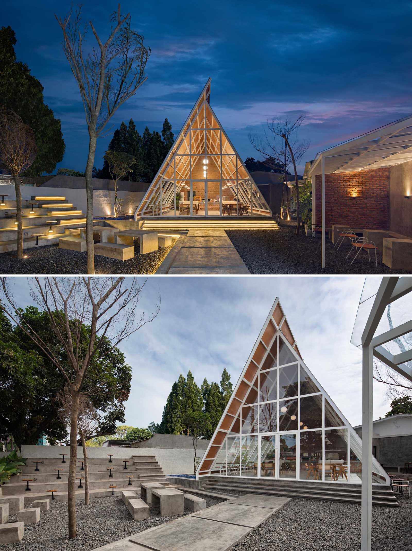 A striking triangular coffee shop in Jakarta, Indonesia, designed by STUDIÉ with exposed concrete, terrazzo floors, brick accents, and dramatic A-frame architecture that transforms a simple geometric idea into a memorable cafe experience.