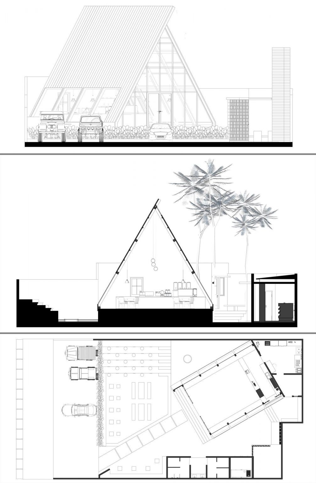 The elevation, section, and floor plan reveal how the triangular geometry shapes every part of Bermuda Coffee and Eatery’s compact cafe layout.