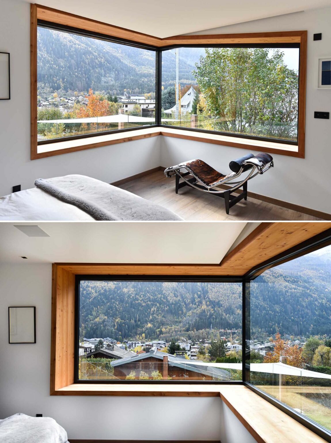 In this bedroom, the architects used large picture windows to create a corner glazing detail that opens the room toward the landscape. A built-in ledge beneath the windows doubles as a bench, creating a quiet place to sit and enjoy the view.
