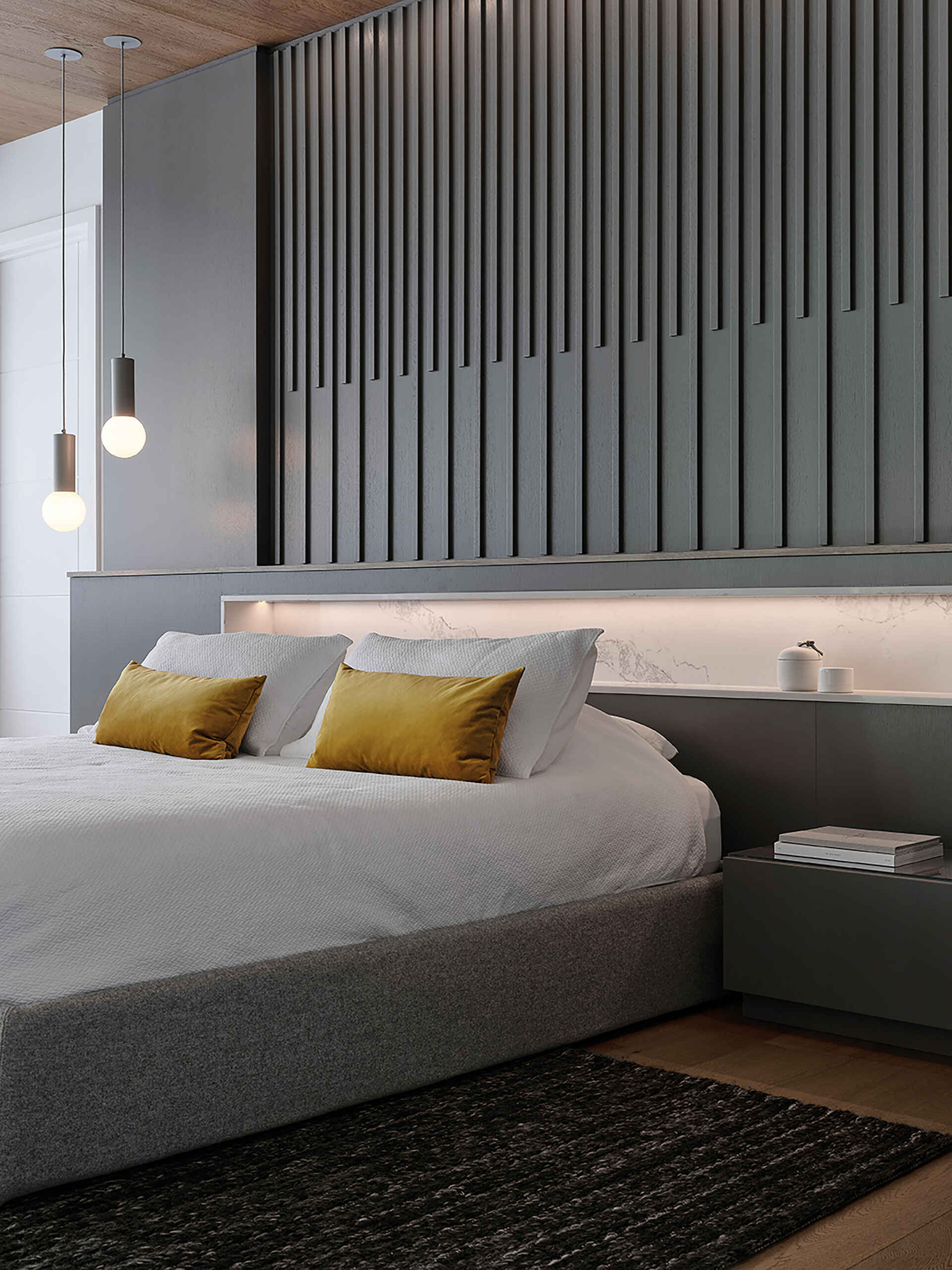 Positioned within the quieter upper areas of the house, the bedroom takes advantage of elevated views toward the surrounding canopy. The space continues the home’s use of warm wood tones and modern finishes, creating an atmosphere that feels soft and uncluttered. 

Natural light shifts throughout the day across the material palette, bringing subtle variation to the room without the need for excessive decoration, while the windows look over the living area below.