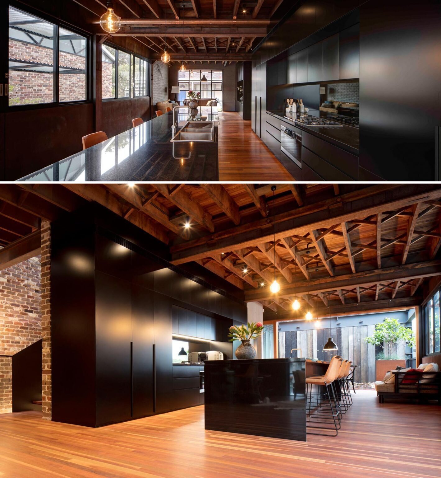 Matte black cabinetry, mirrored surfaces, and sliding glass doors define the kitchen, opening into a courtyard filled with reclaimed beams, stone, and recycled brick water features.