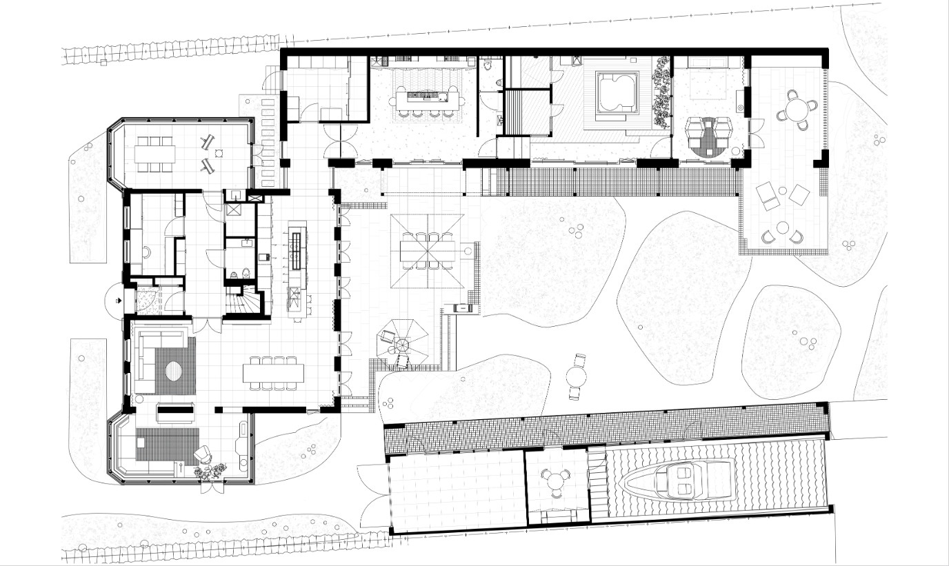 This floor plan connects entertaining spaces, wellness rooms, and private living areas into one seamless riverside home.