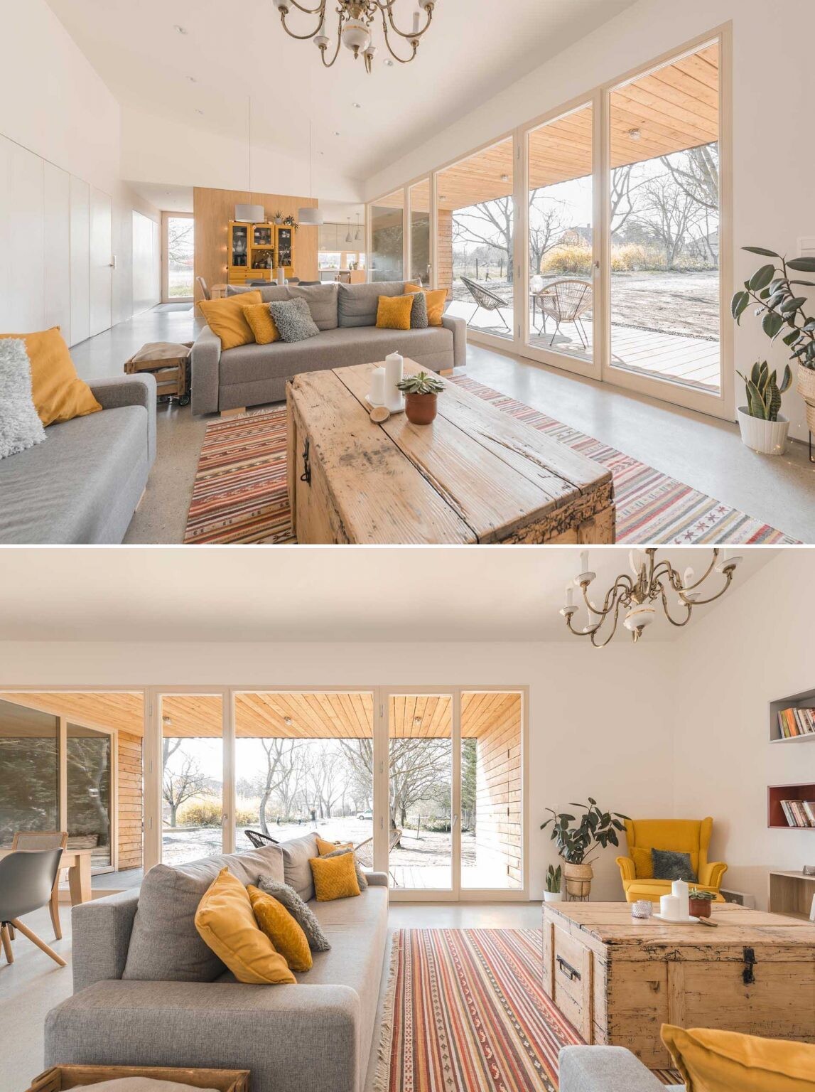 A wall of built-in storage runs through the interior and hides flush doors leading to the bedrooms and bathrooms. This design keeps the white walls visually clean while allowing the storage to serve multiple purposes throughout the home.