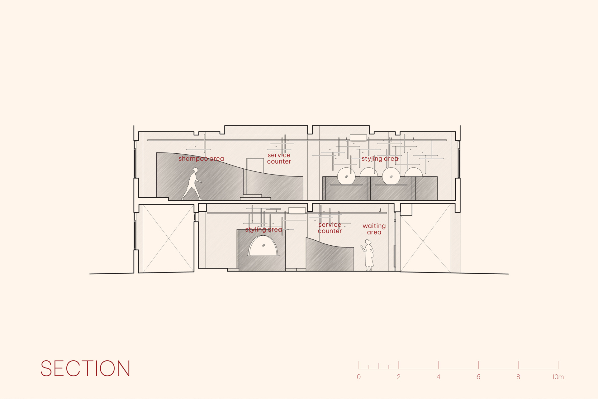 A hair salon in Ho Chi Minh City designed by Inrestudio, shaped by a continuous sculptural wall that guides movement through waiting areas, styling stations, and shampoo spaces. The interior shifts between green tile and raw grey surfaces, with light and form changing as you move through each level of the maisonette.