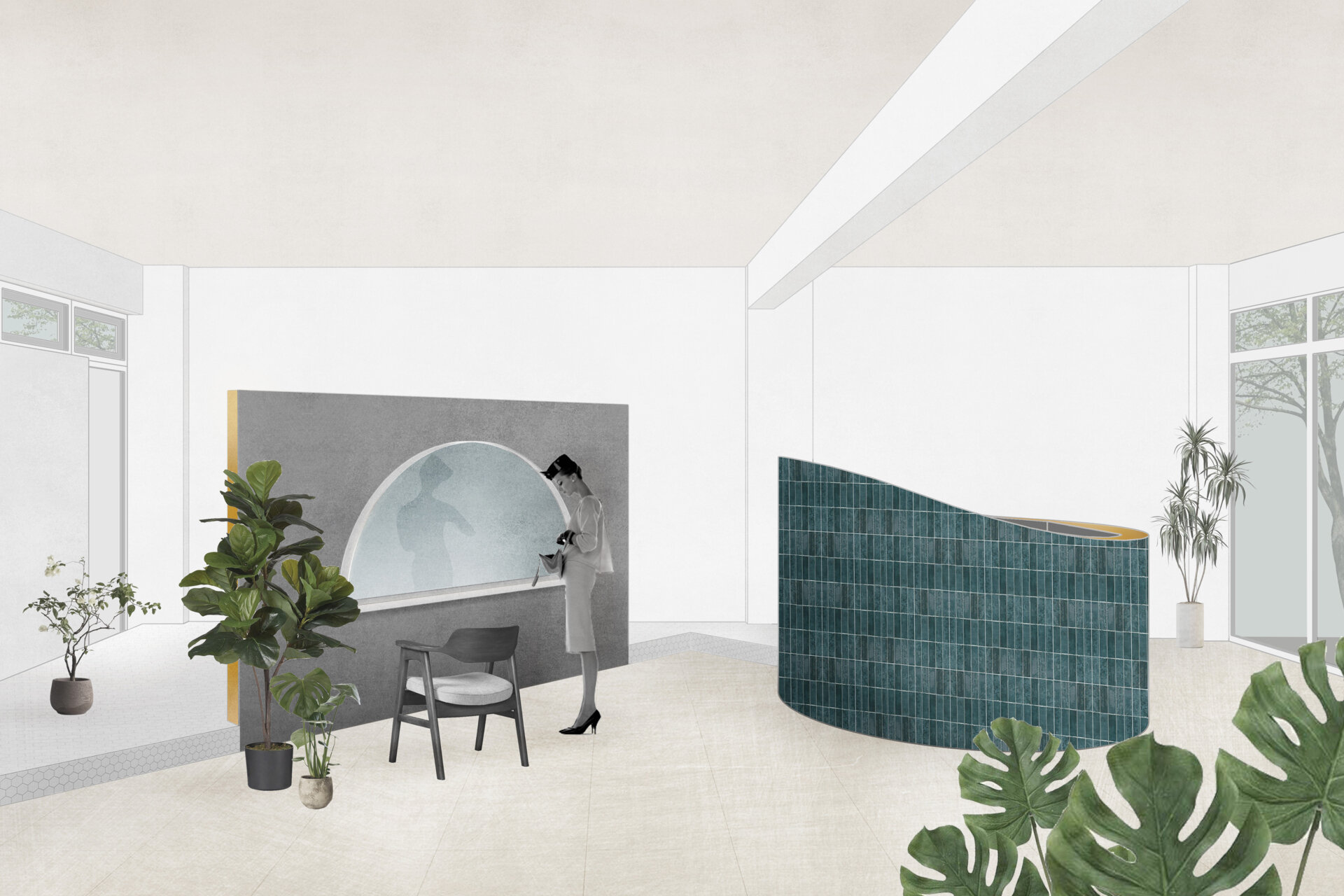 A hair salon in Ho Chi Minh City designed by Inrestudio, shaped by a continuous sculptural wall that guides movement through waiting areas, styling stations, and shampoo spaces. The interior shifts between green tile and raw grey surfaces, with light and form changing as you move through each level of the maisonette.