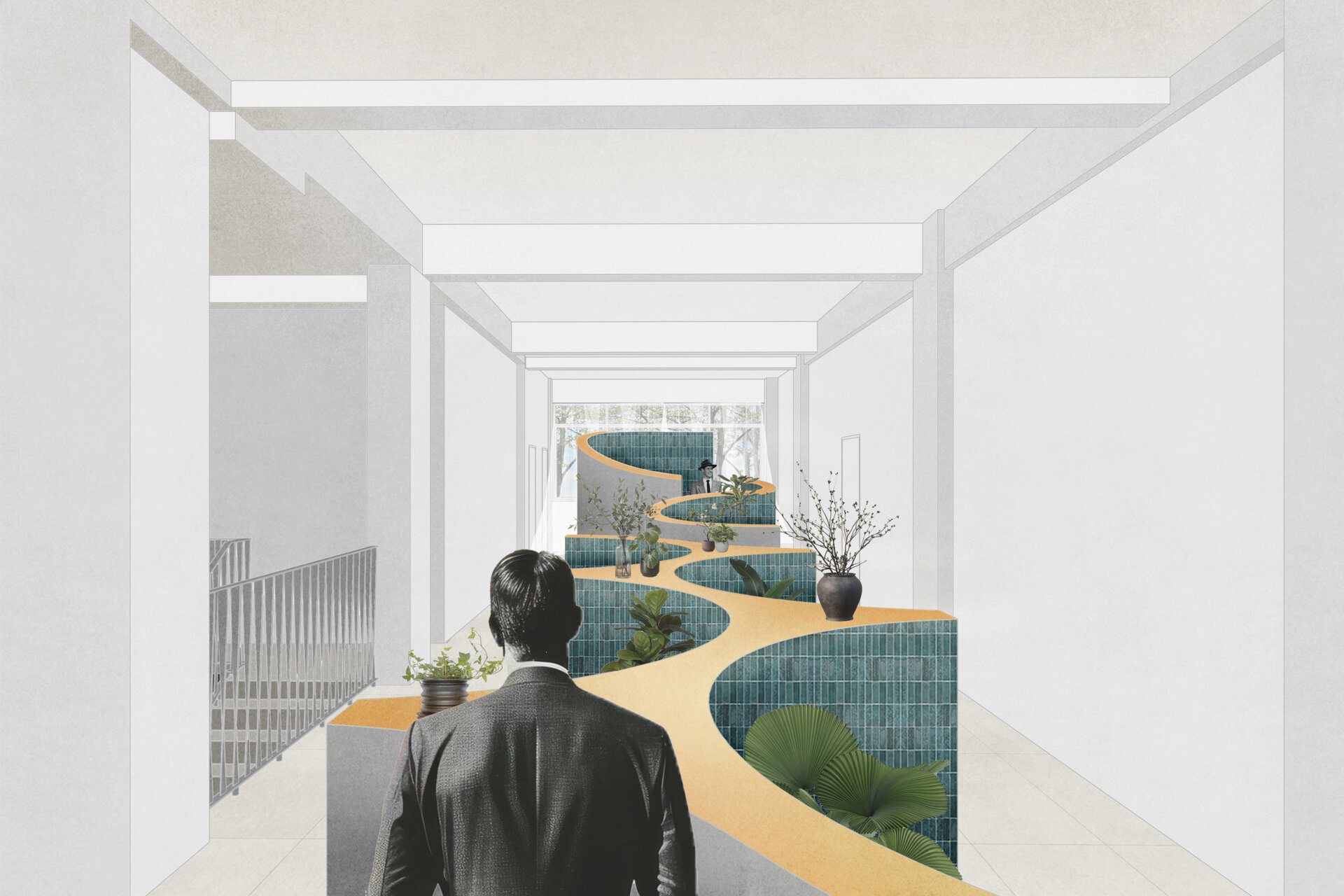 A hair salon in Ho Chi Minh City designed by Inrestudio, shaped by a continuous sculptural wall that guides movement through waiting areas, styling stations, and shampoo spaces. The interior shifts between green tile and raw grey surfaces, with light and form changing as you move through each level of the maisonette.