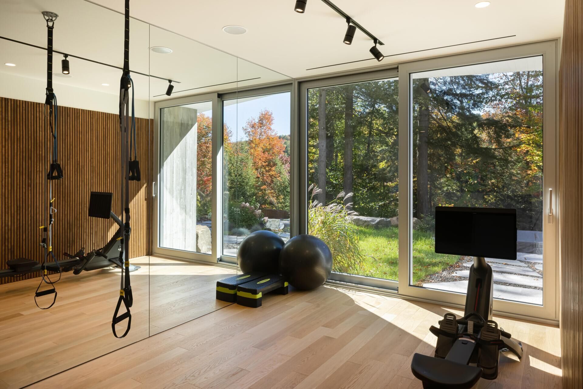 Sauna, cold plunge, hot tub, gym, and lake access turn this wellness zone into one of the most luxurious spaces in the entire home.