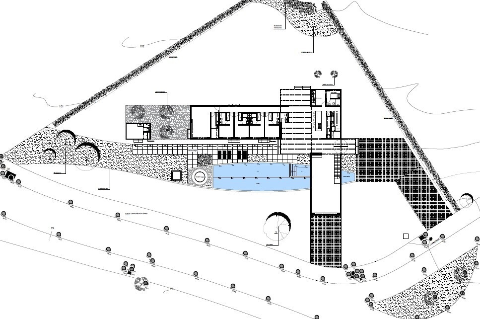 Architectural drawings of Casa Themis reveal how the curved platform, steel structure, and L-shaped layout work together across the sloping Brazilian site.