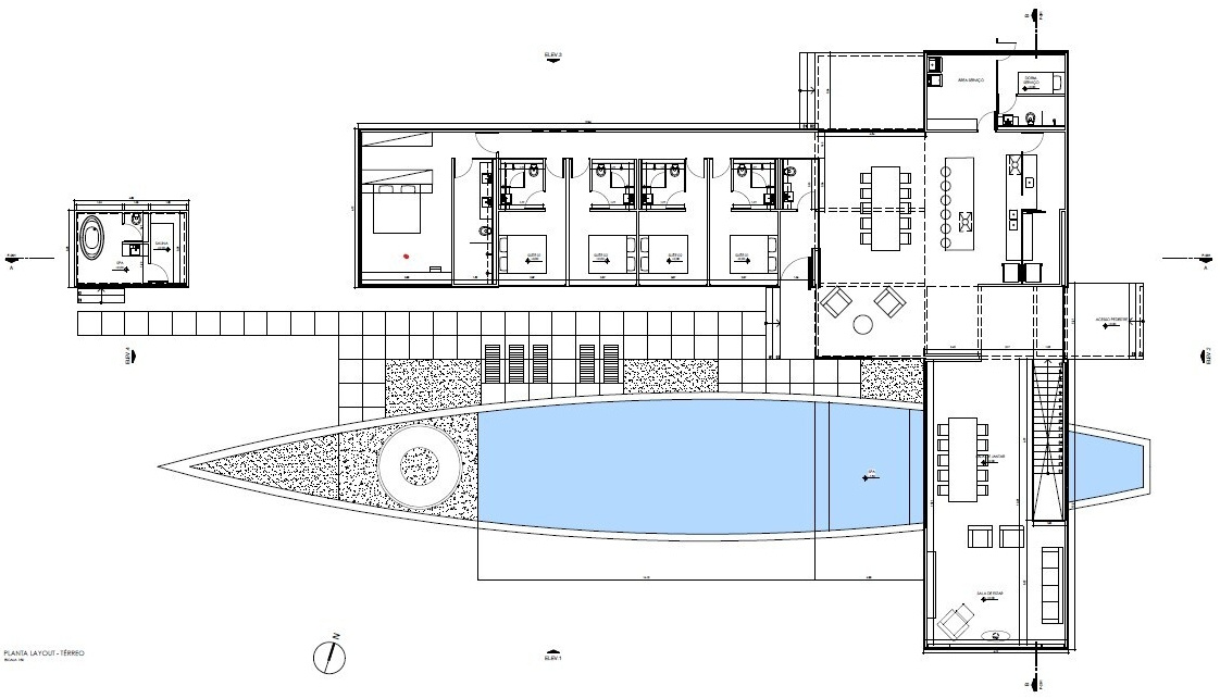 Architectural drawings of Casa Themis reveal how the curved platform, steel structure, and L-shaped layout work together across the sloping Brazilian site.