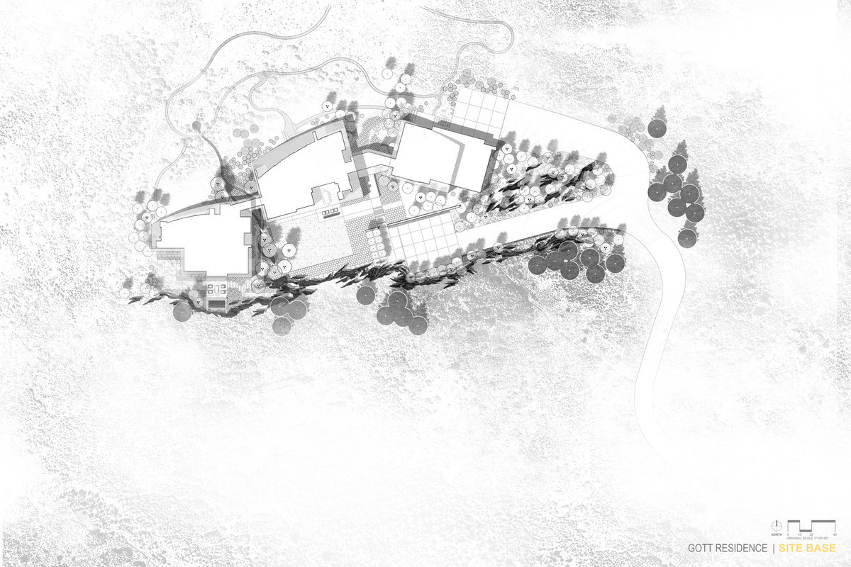 The site plan of Quarry House reveals how three connected pods are arranged across the property. The layout helps maximize views while creating distinct living zones within this striking mountain home.