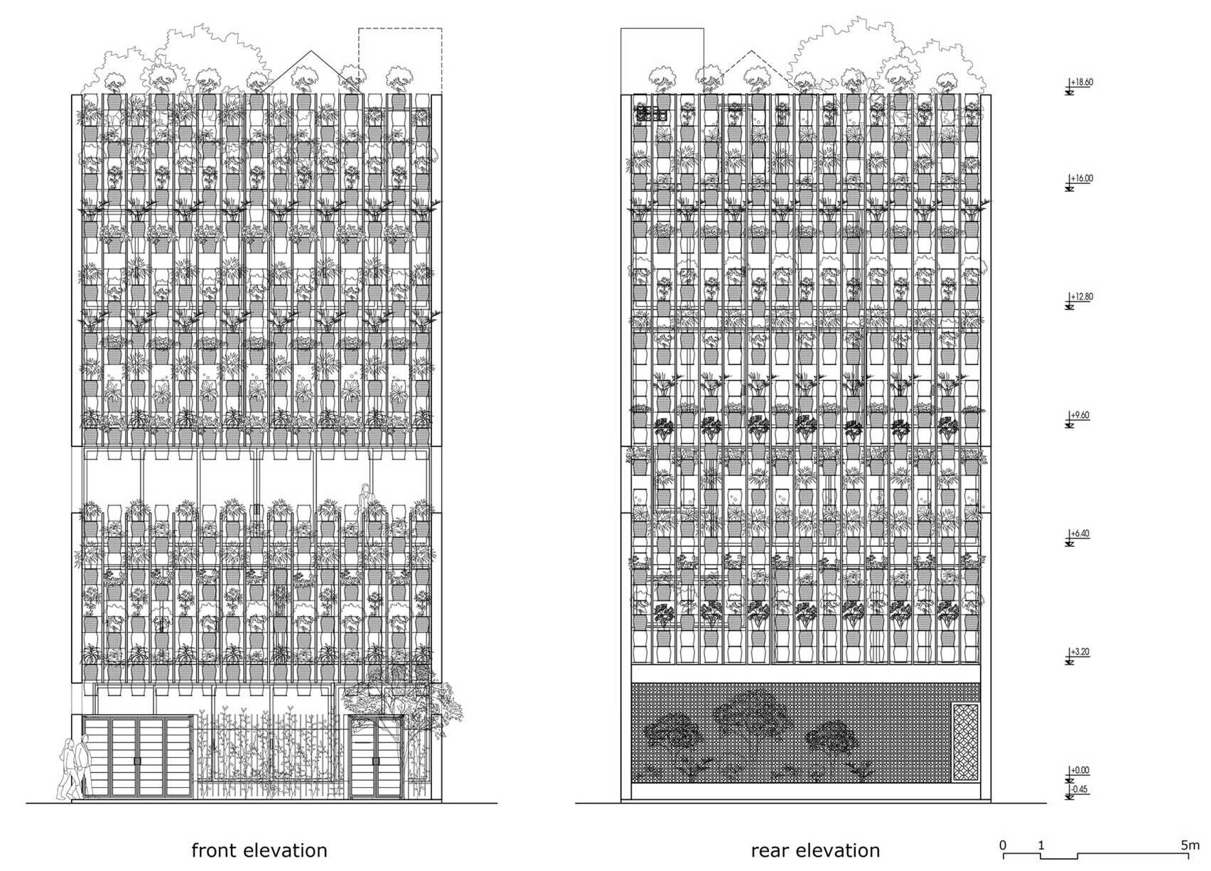 The drawings reveal how the planting system, structure, and layout work together. They show the modular logic behind the facade and the way each level is organized to support both living and growing.