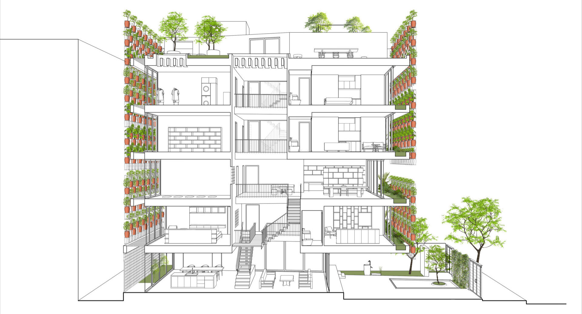 The drawings reveal how the planting system, structure, and layout work together. They show the modular logic behind the facade and the way each level is organized to support both living and growing.