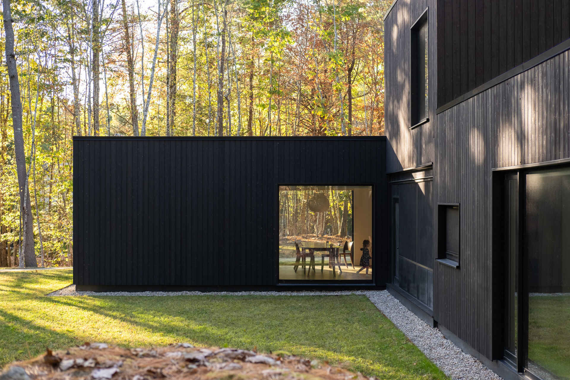 This Maine home uses black charred wood siding and dramatic floor-to-ceiling glass to create a modern exterior in the forest.