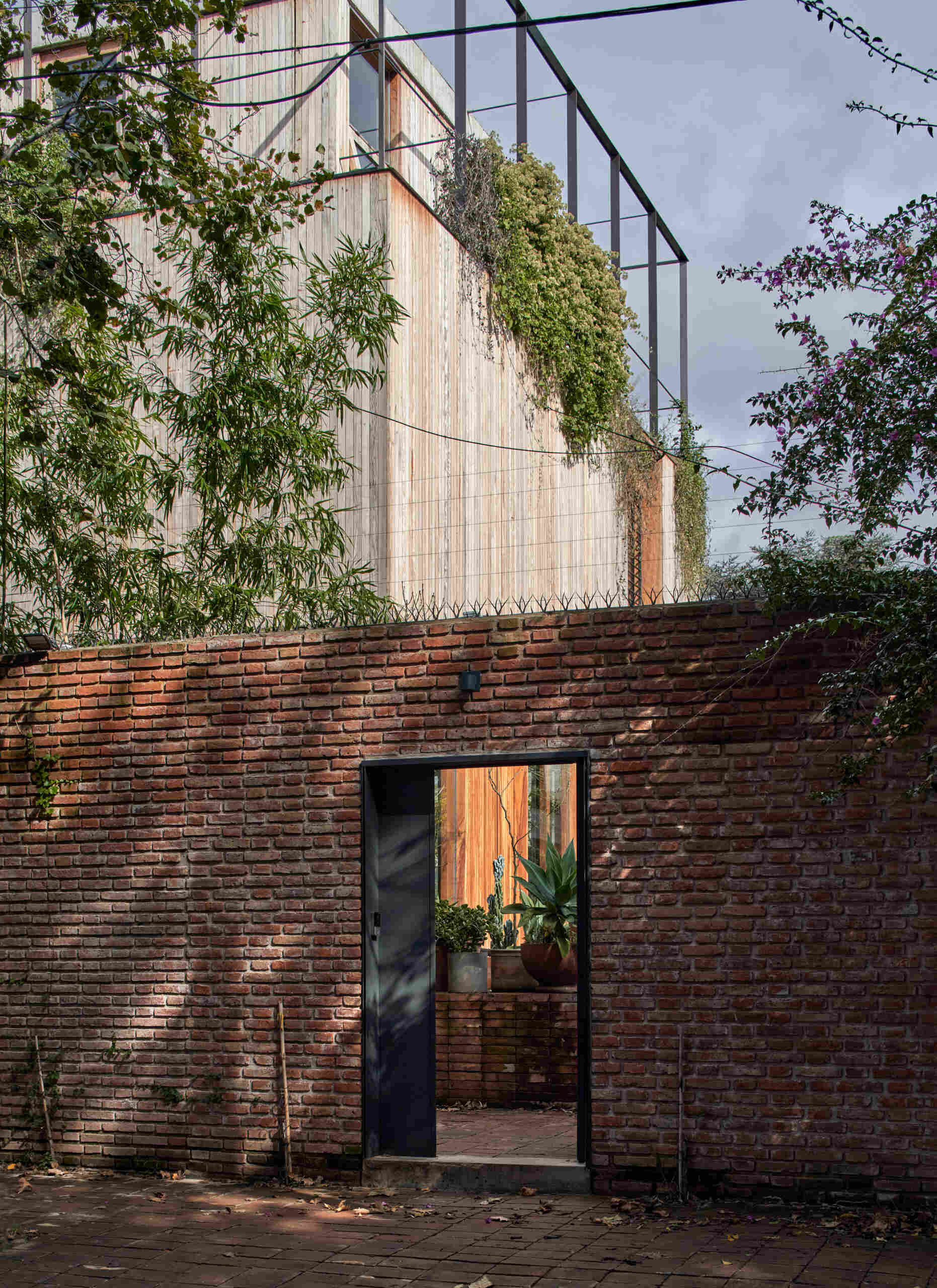 A simple brick wall with a discreet gate creates privacy from the street while setting up a striking transition into the home.