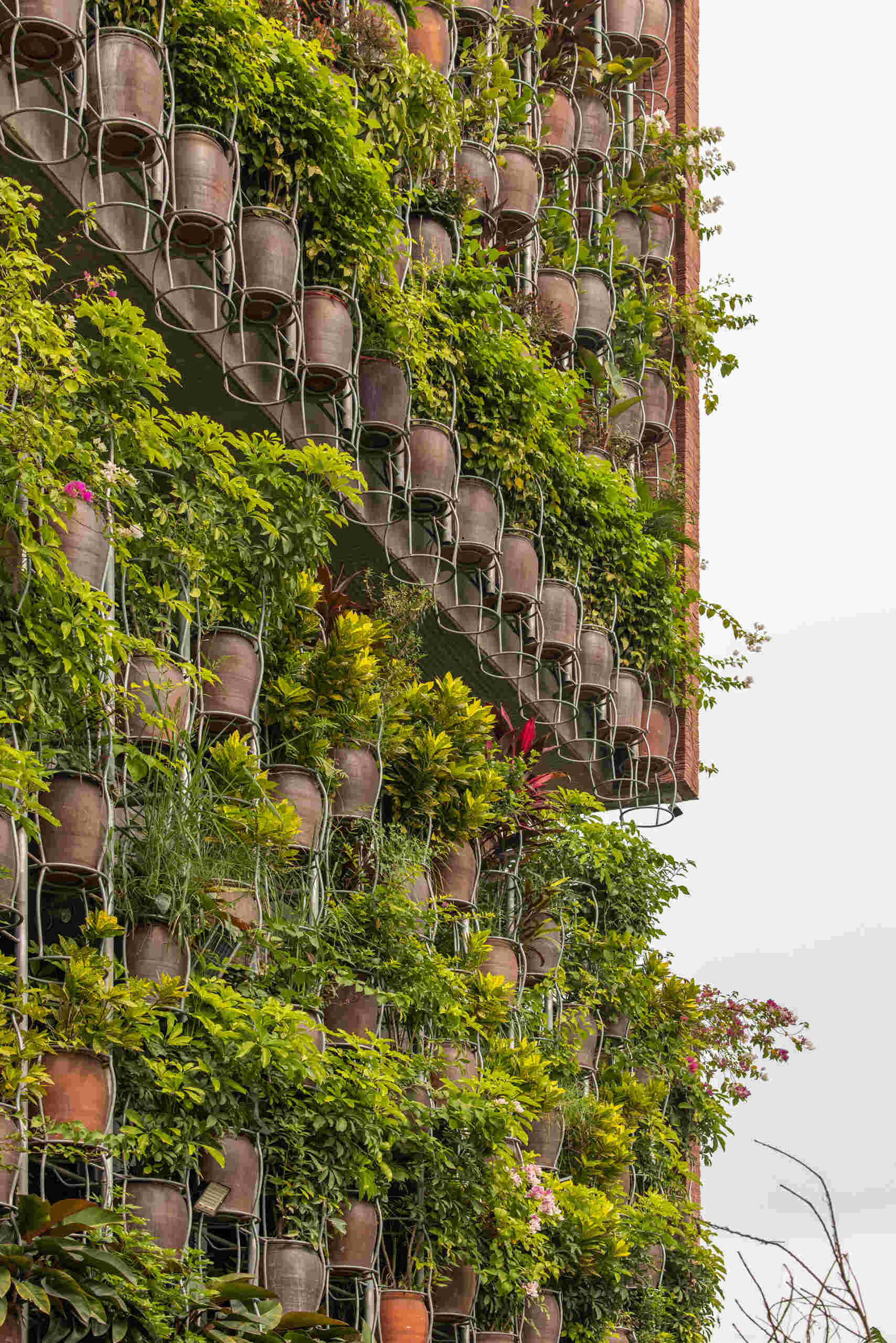 A facade made of hanging ceramic pots creates a vertical garden that filters light, air, and views.