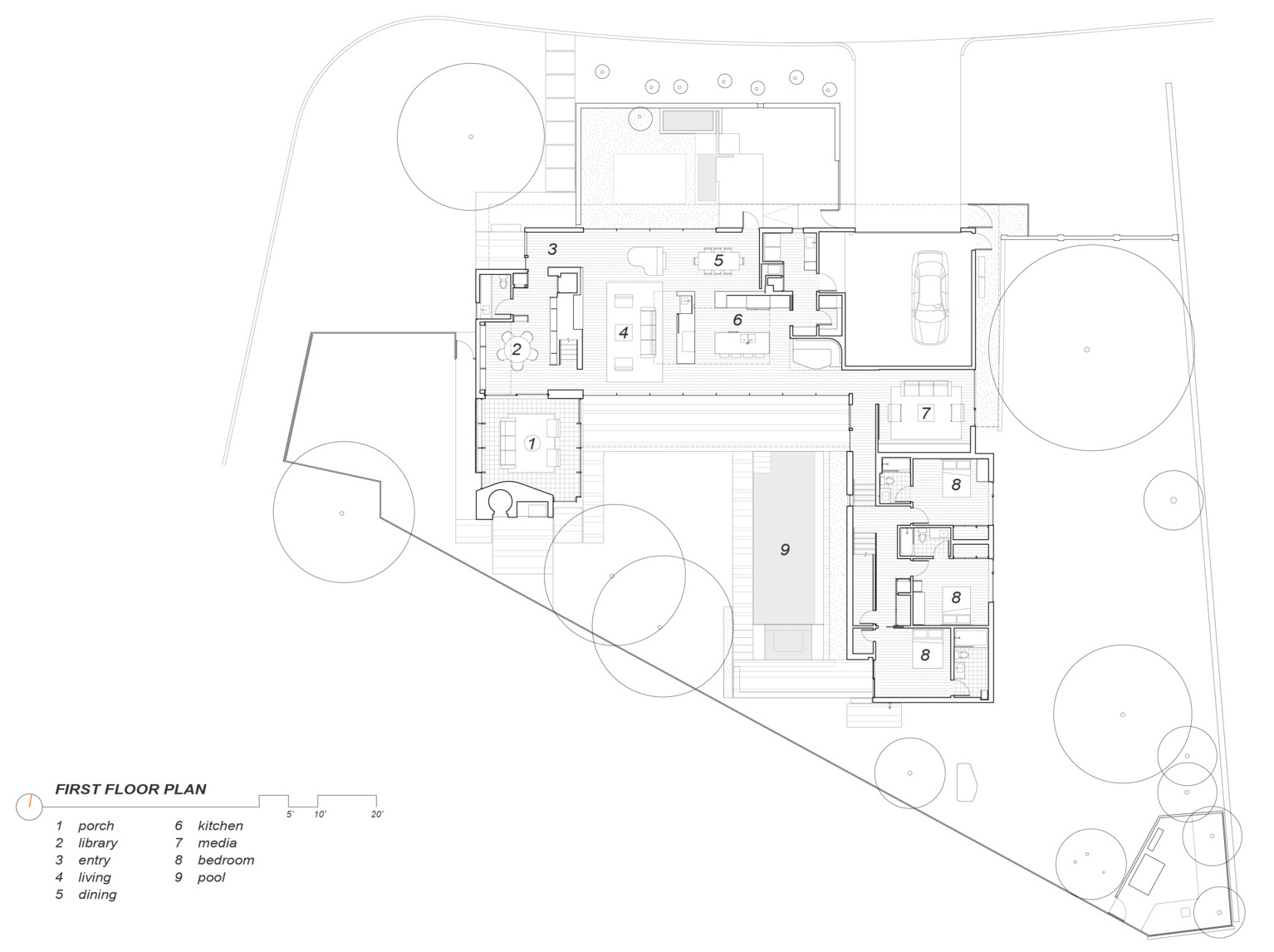 See how the floor plan of Tarrytown Residence uses courtyards, gardens, and interconnected living spaces to bring natural light, privacy, and outdoor views into every part of the home.