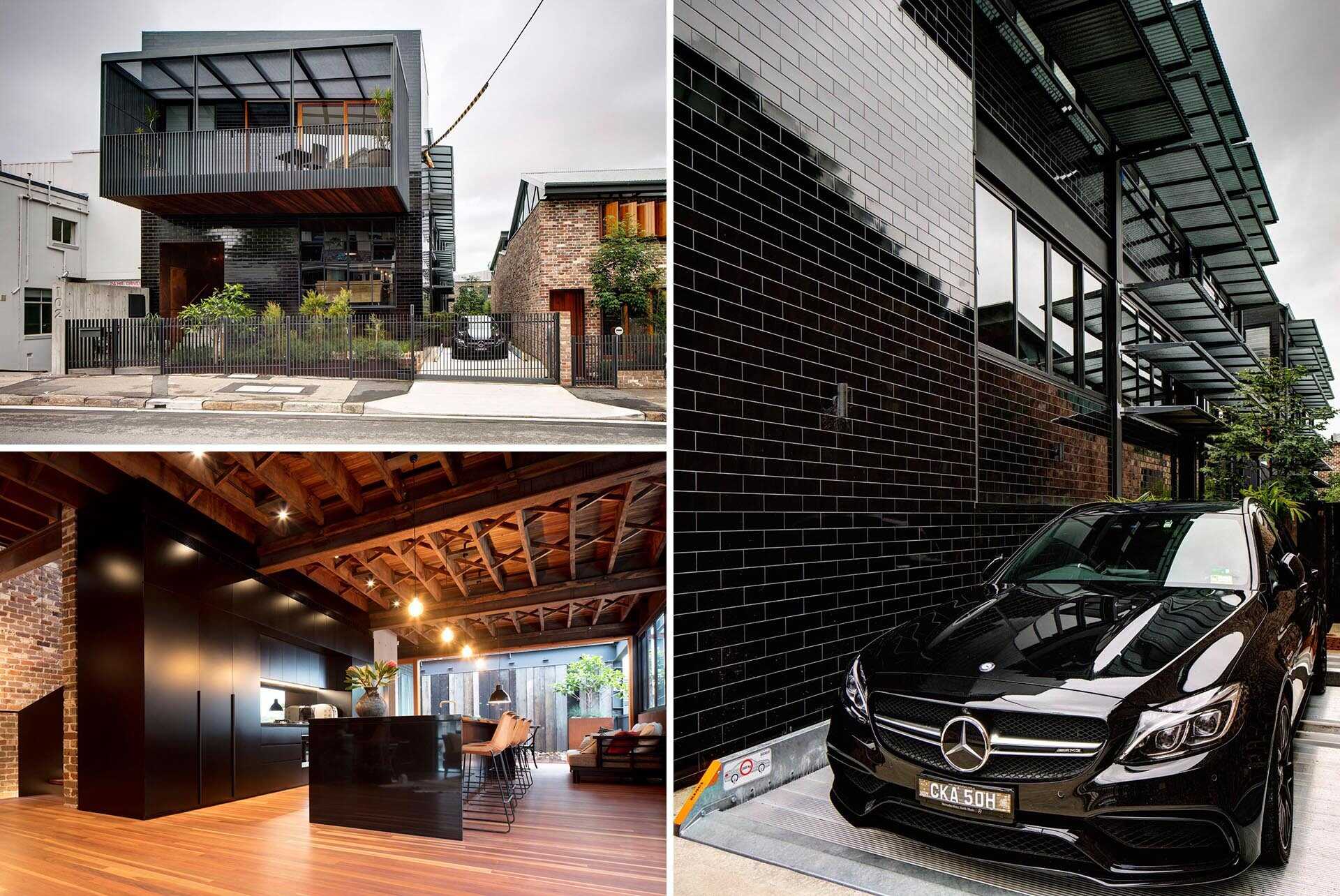 A bold glazed black tile facade wraps this Sydney warehouse conversion by Carter Williamson Architects, extending across the front and sides of the home. The reflective surface shifts with light and surrounding greenery, turning the former industrial building into a striking urban presence.